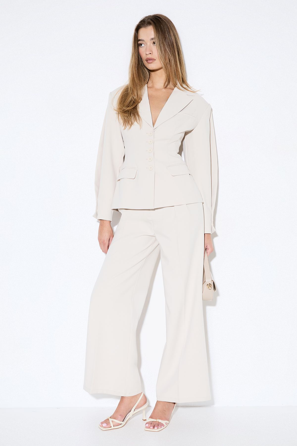 MissPap Premium Pleat Front Wide Leg Trousers Cream image 1