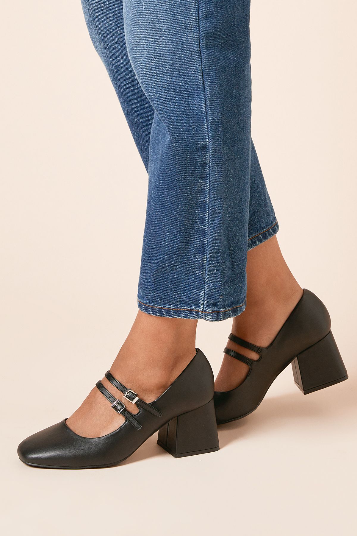 Dorothy Perkins Wide fit Dawn Faux Leather Double Mary Jane Mid  Block Heel Court Shoes Black image 1