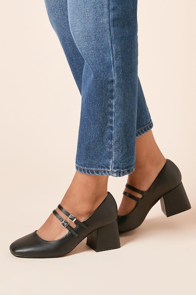 Dorothy Perkins Wide fit Dawn Faux Leather Double Mary Jane Mid Block Heel Court Shoes Black