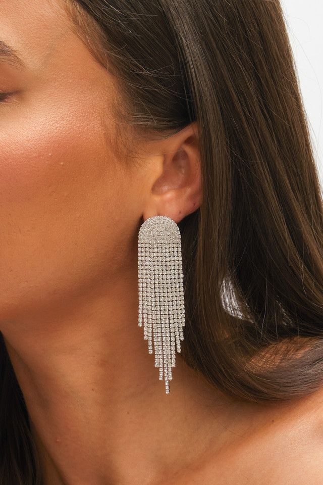 Mood Silver Crystal Tassel Statement Drop Earrings image 4