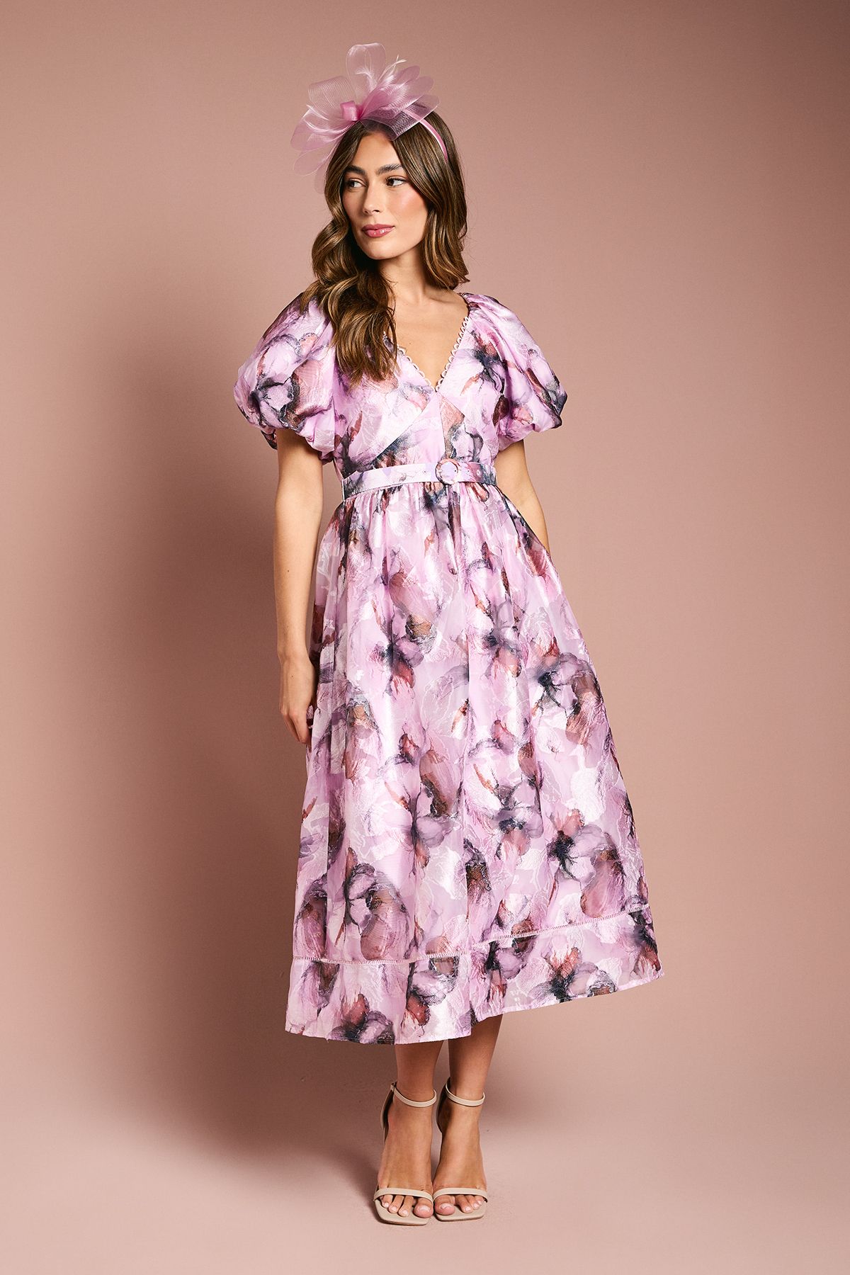 Coast Short Puff Sleeve Jacquard Midi Dress With Belt Pink image 1