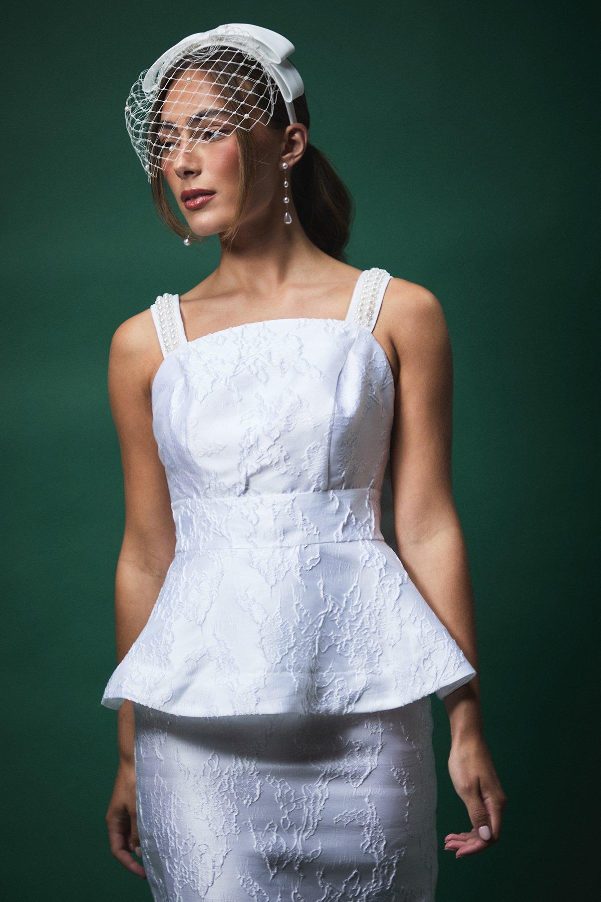 Coast Lisa Tan Pearl Strap Peplum Bridal Top With Statement Bow Detail White image 2