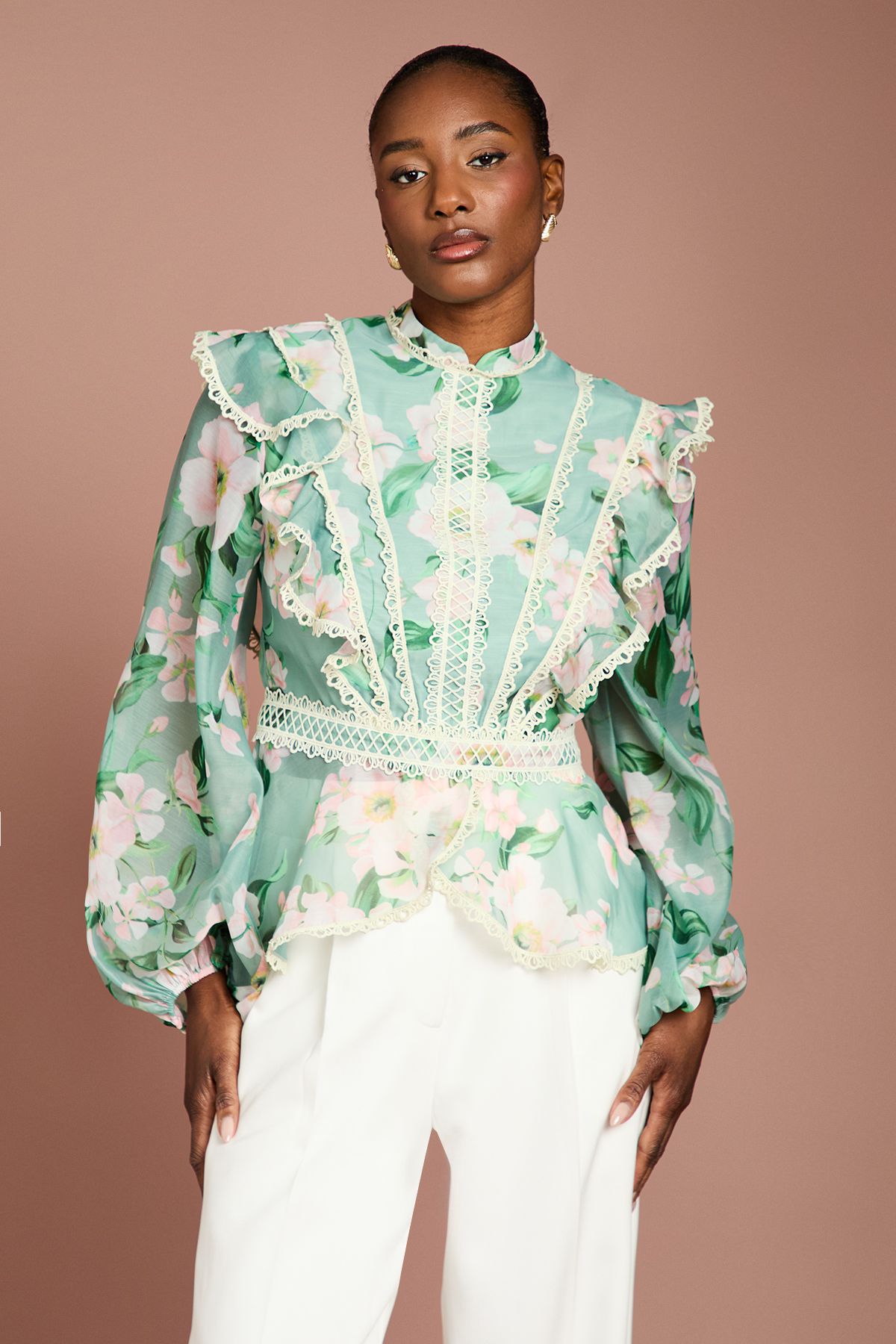 Coast Printed Long Sleeve Frill Organza Blouse Sage image 1