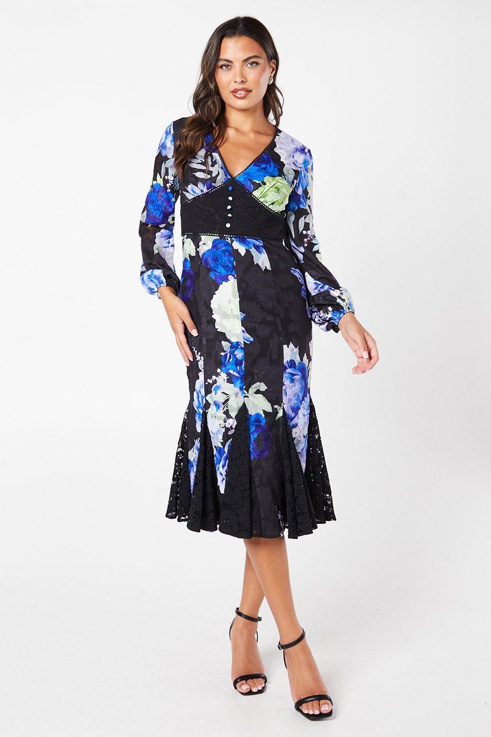 Coast Printed Lace Long Sleeve Midi Wedding Guest Dress Black image 1