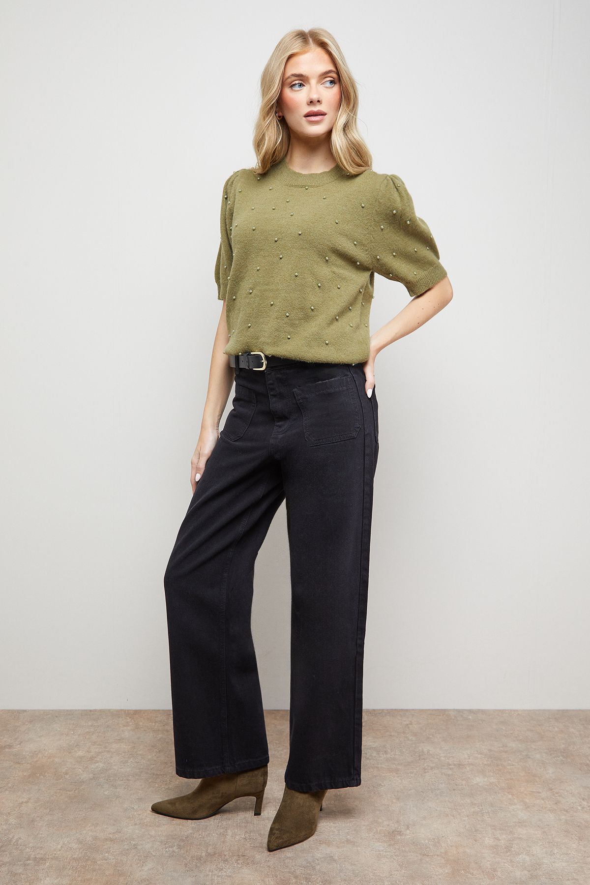 Oasis Pearl Embellished Crew Neck Puff Sleeve Knit Top Olive image 2