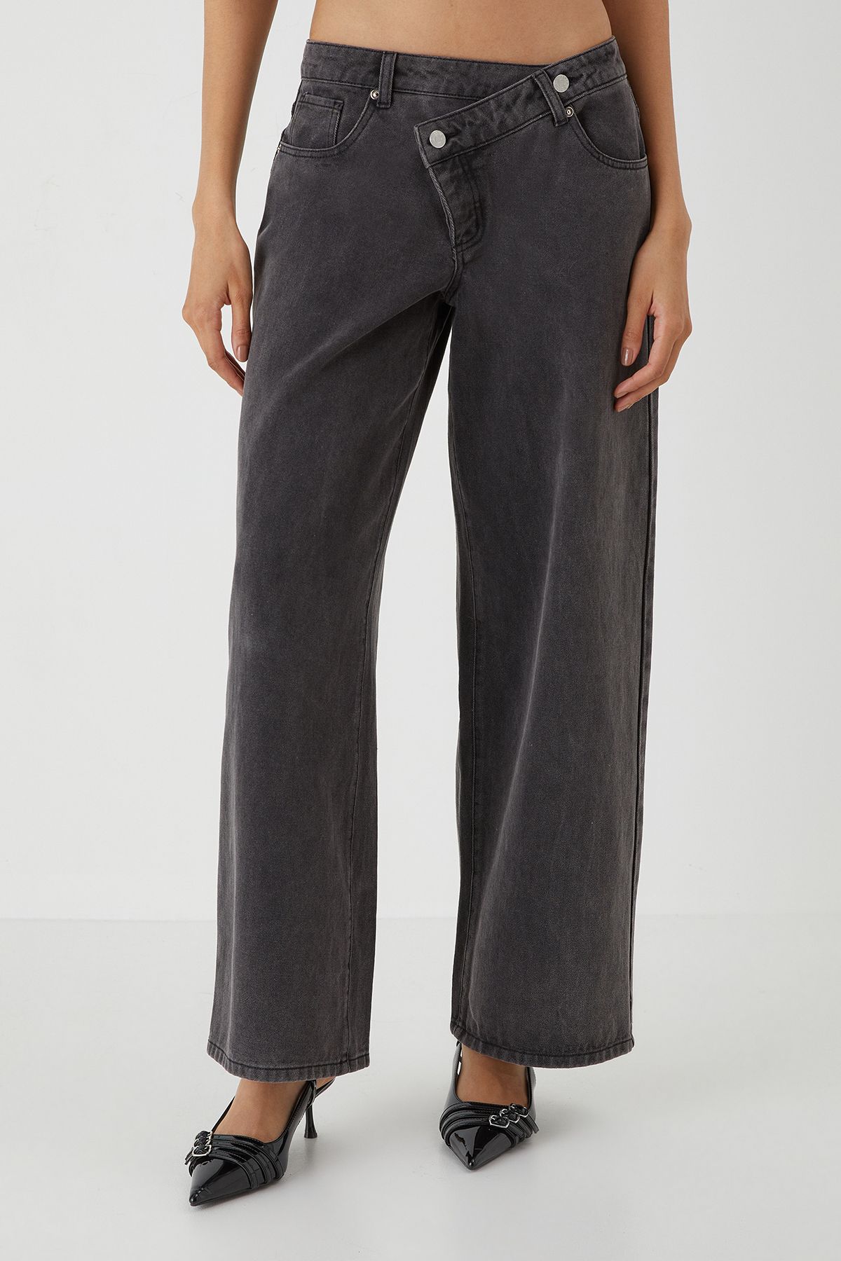 MissPap Asymmetric Wide Leg Washed Denim Jeans Washed Black image 2