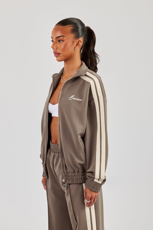Cernucci Funnel Neck Taping Zip Through Track Jacket - Taupe