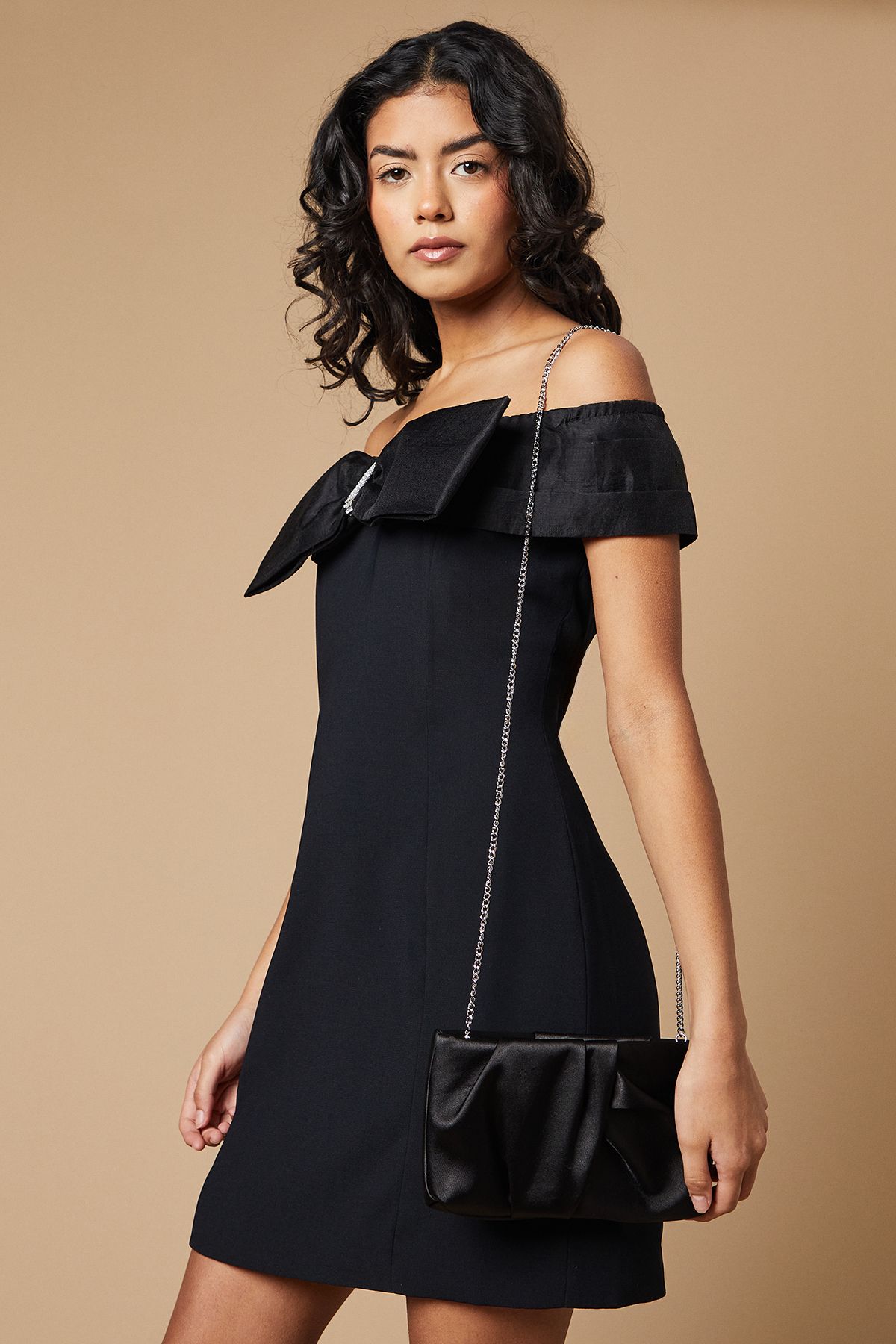 Oasis Ruched Satin clutch Bag with Removable Shoulder Strap Black image 1