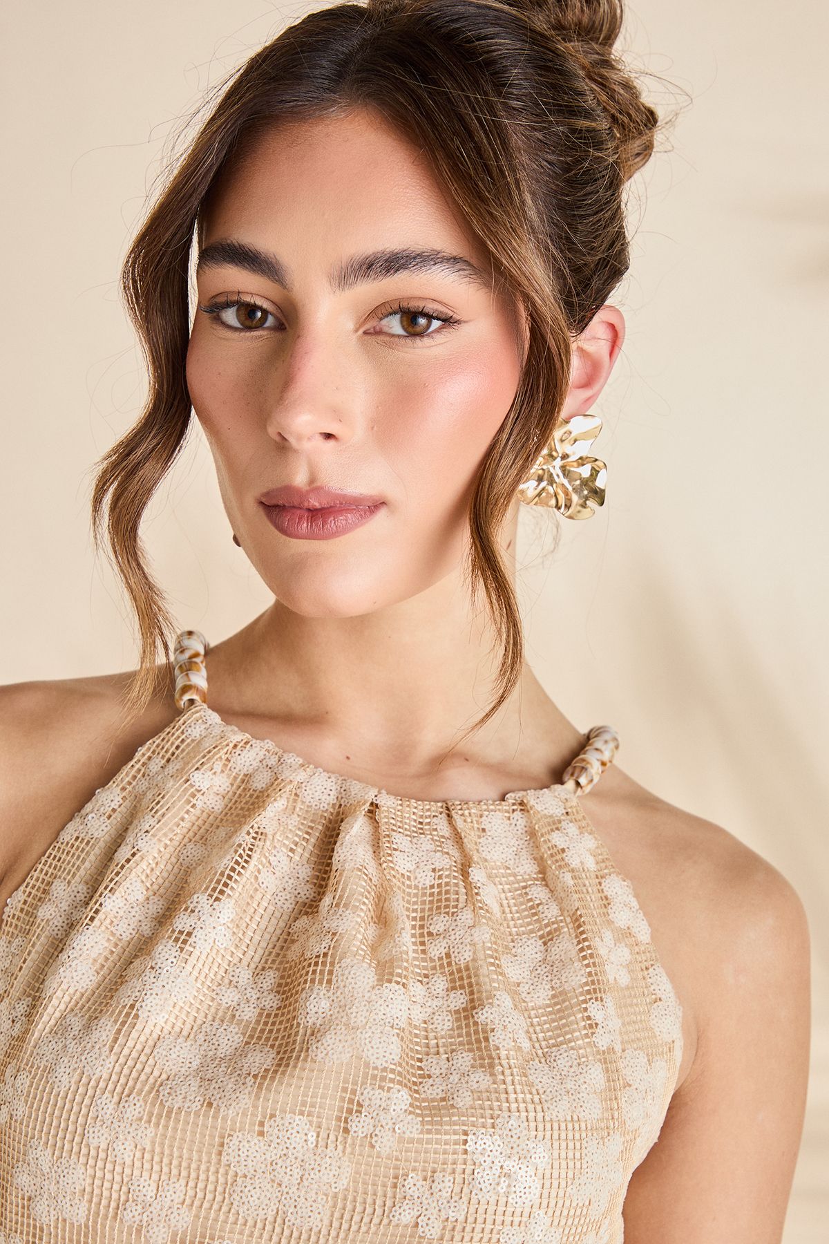 Coast Bead Detail Sequin Midi Holiday Dress Beige image 4