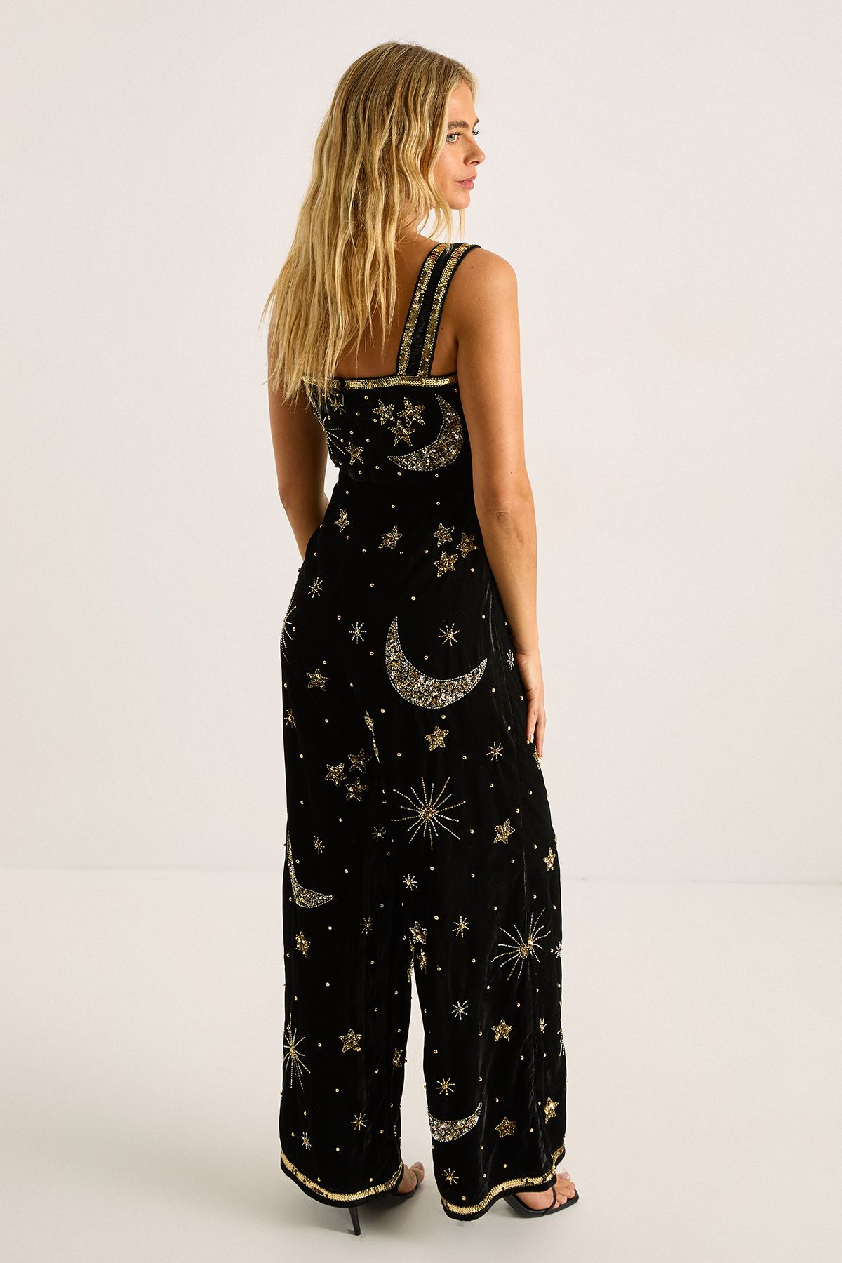 NastyGal Velvet Celestial Embellished Square Neck Jumpsuit Black image 4