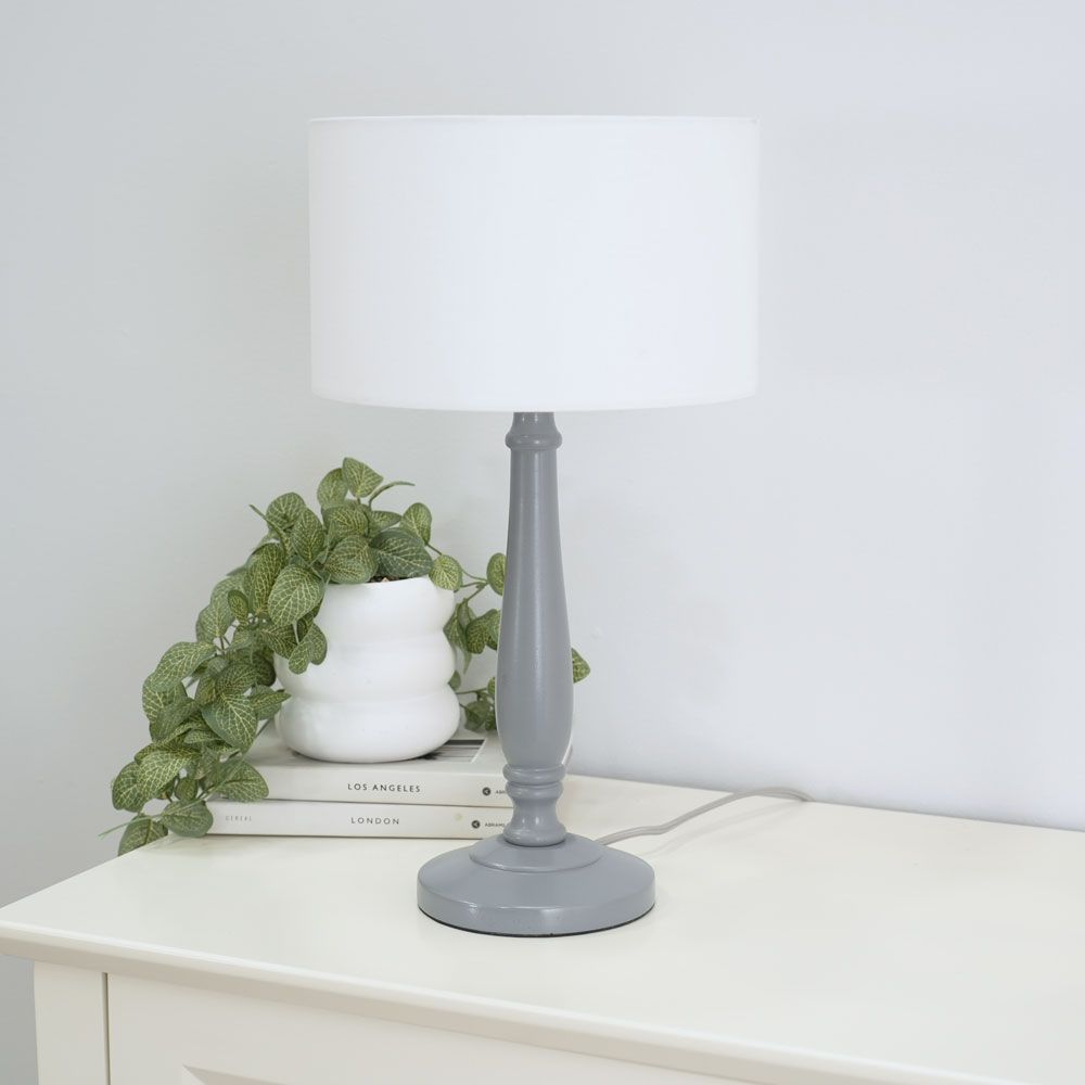 ValueLights Victoria Grey Wood Traditional Table Lamp with Fabric Drum Shade image 3