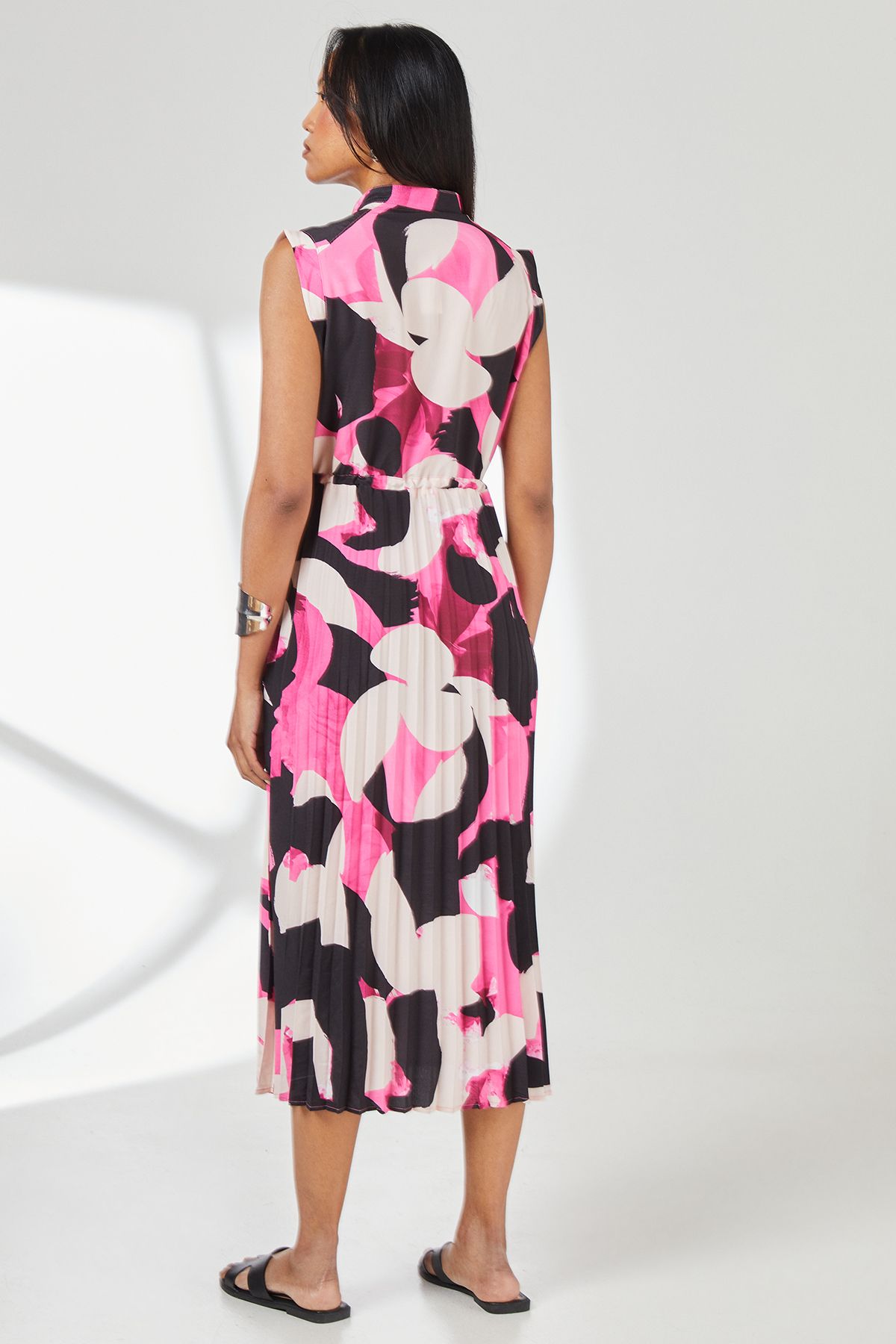 Principles Pink Abstract Print Pleated Skirt Zip Front Midi Dress Pink image 3