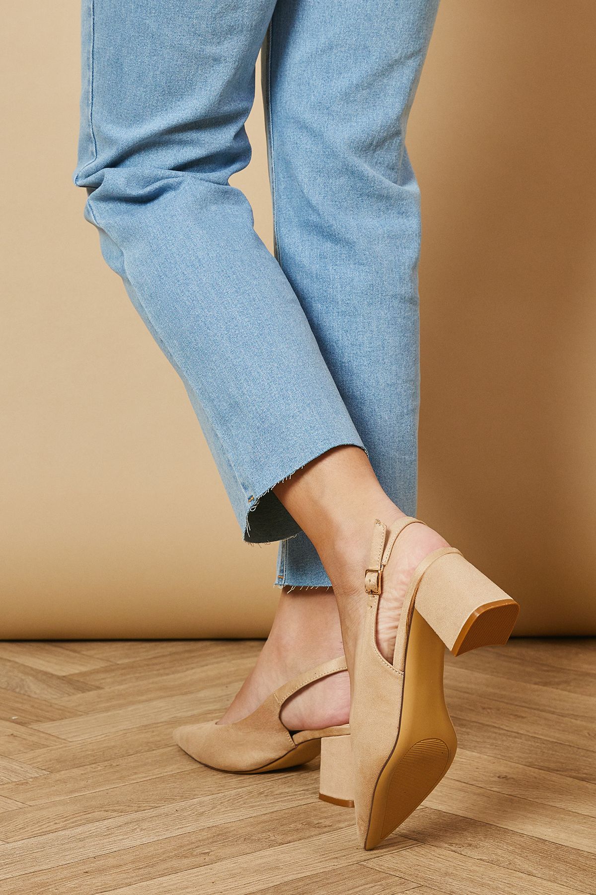 Oasis Enrya Faux Suede Slingback Low Block Heel Shoes Beige image 4