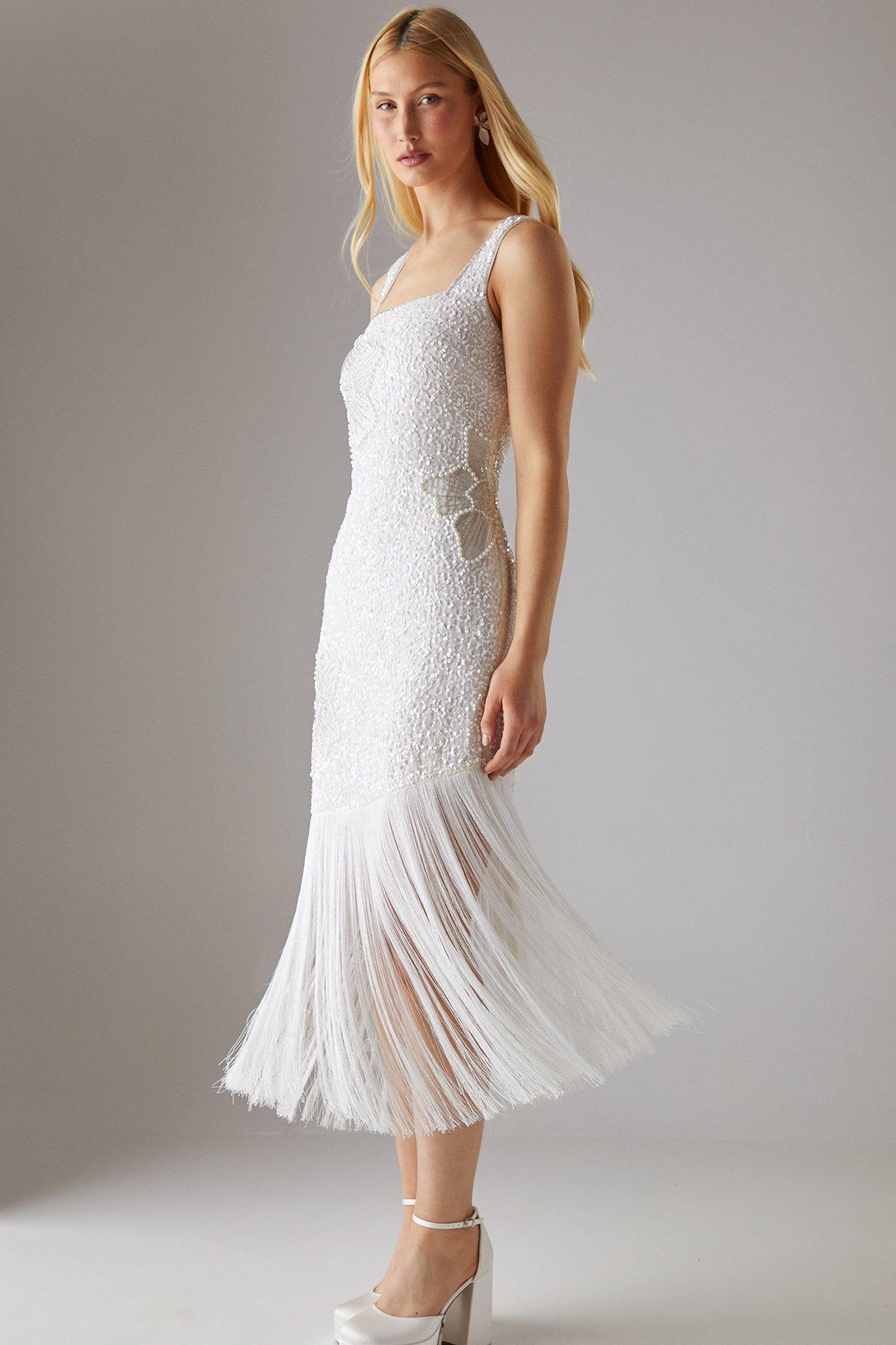 Warehouse Hen Premium Hand Embellished Sequin Flower Fringe Hem Midi Dress Ivory image 2