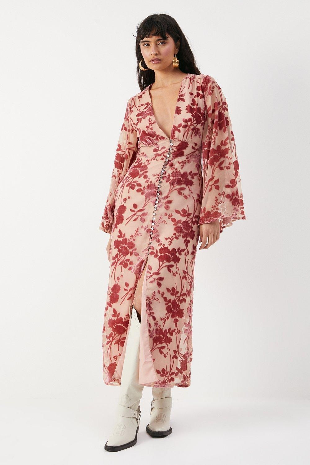 Warehouse Velvet Plunge Neck Flared Sleeve Button Through Midi Dress Red image 1