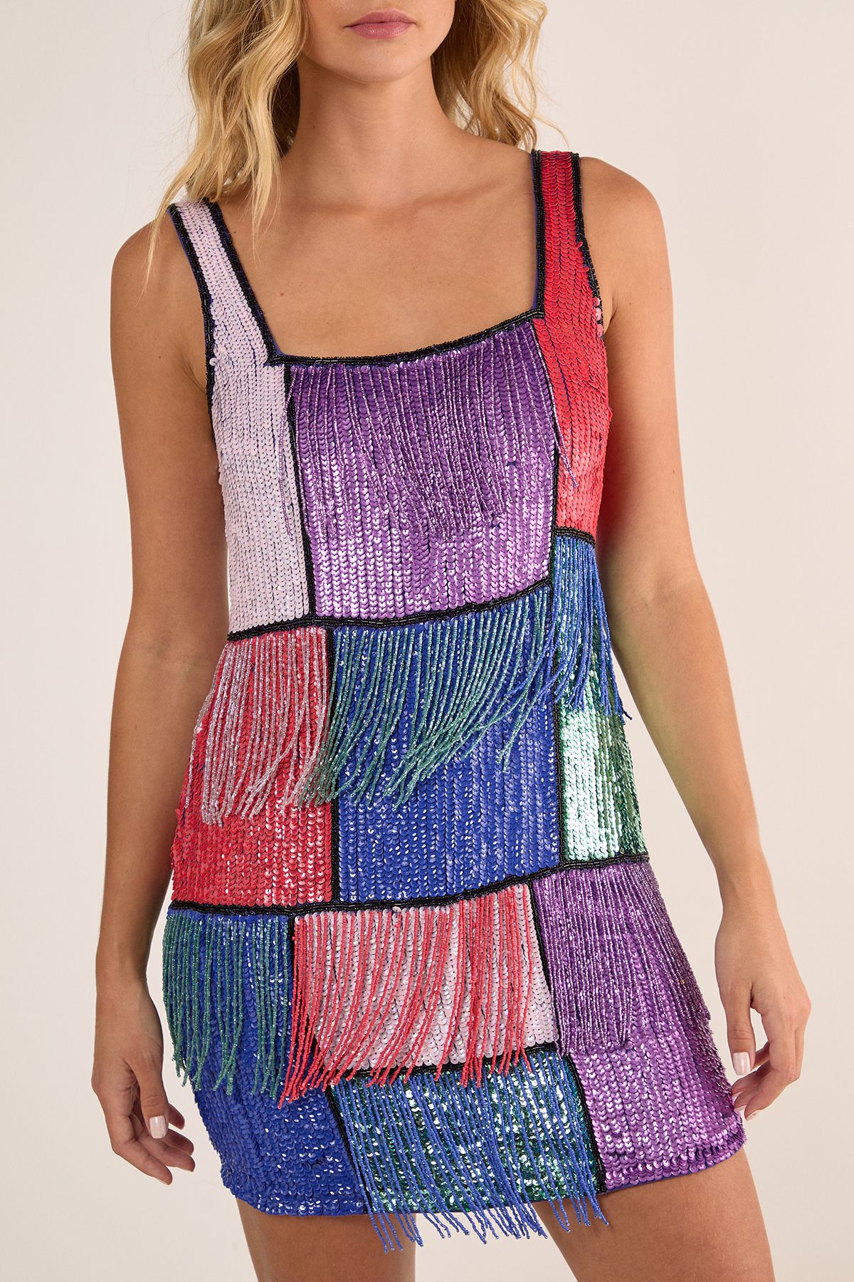 NastyGal Colour Block Check Tassel Sequin Mini Dress Multi image 3