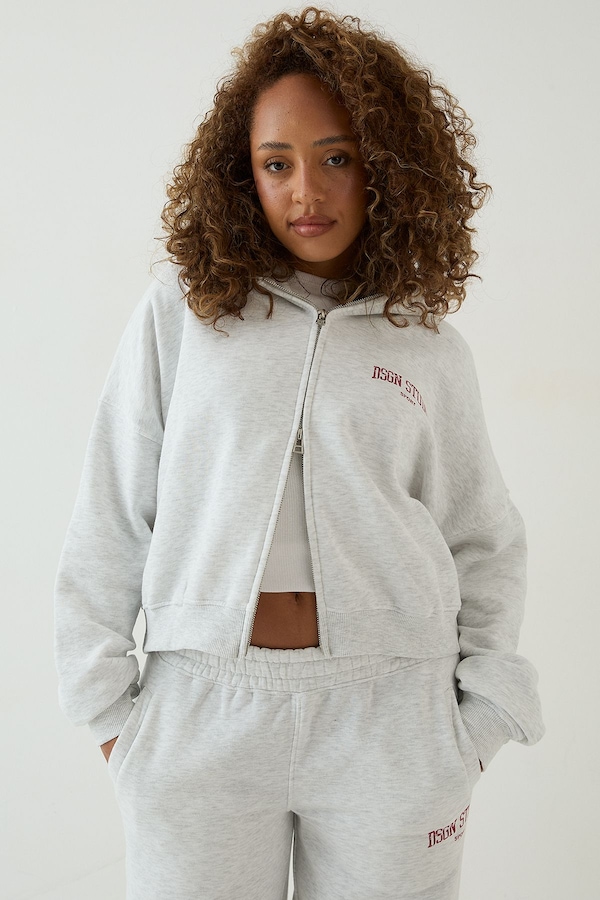 DSGN Studio DSGN Studio Collegiate Printed Zip Through Boxy Hoodie Ash Grey