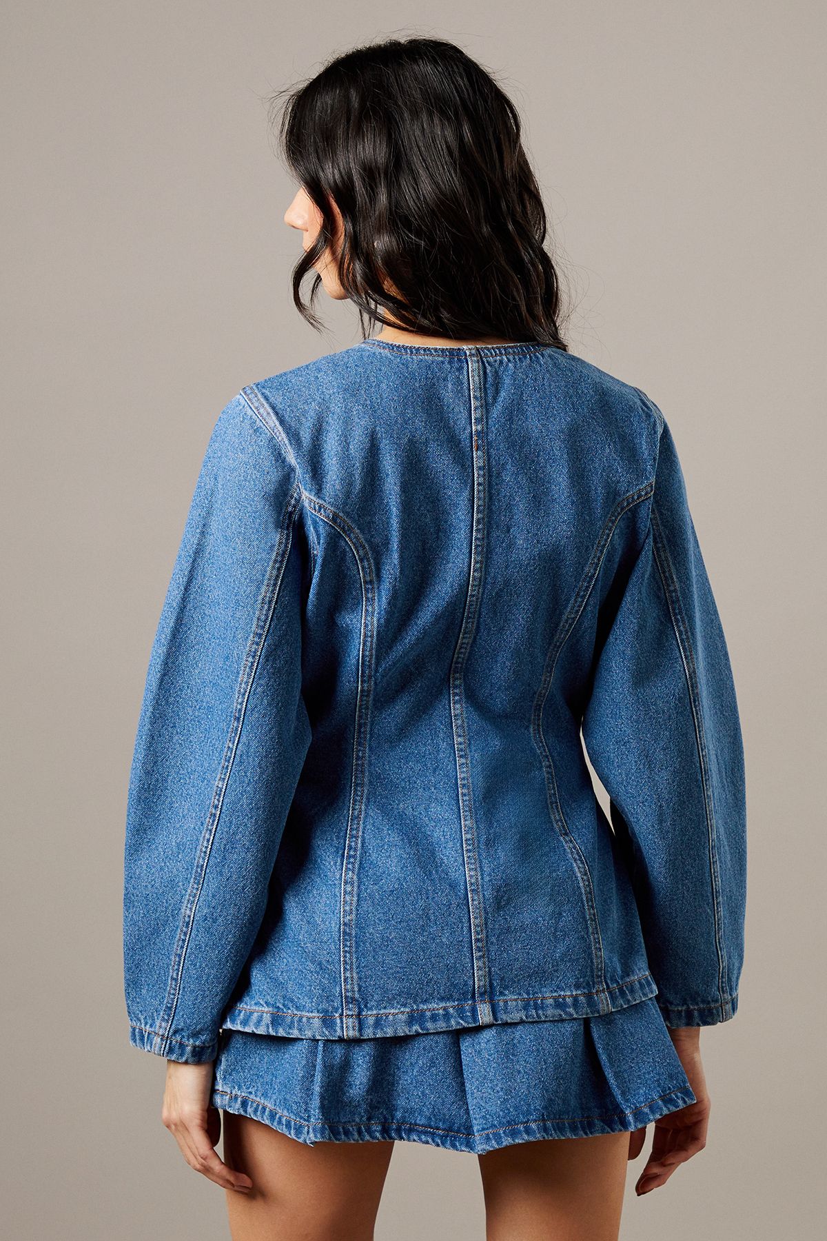 Warehouse Balloon Sleeve Nipped Waist Denim Jacket Mid Wash image 3