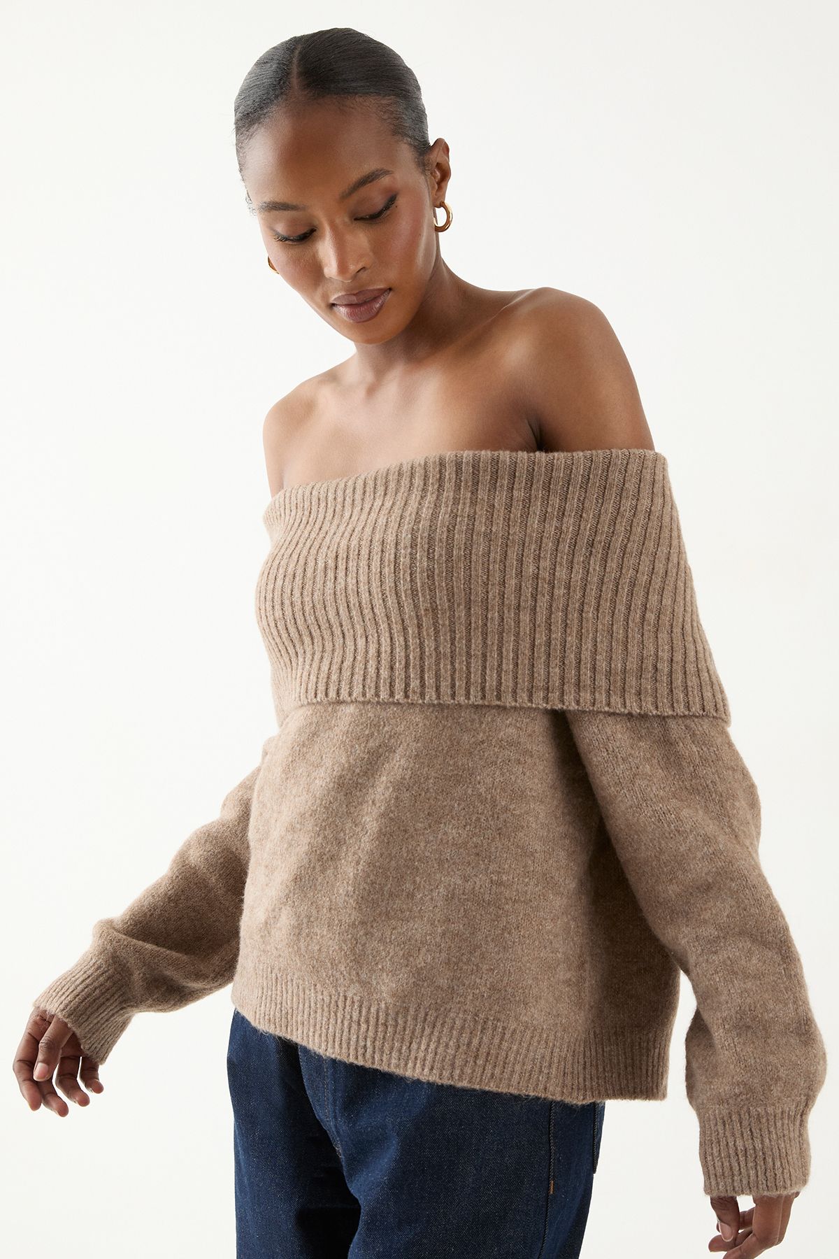 MissPap Premium Knit Bardot Foldover Jumper Mocha image 2