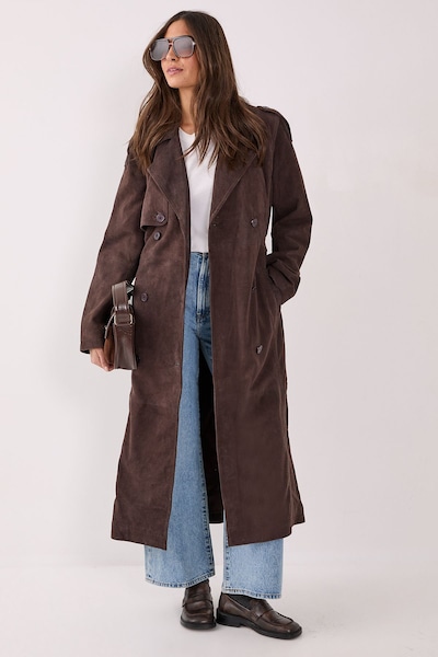 NastyGal Real Suede Trench Coat Chocolate