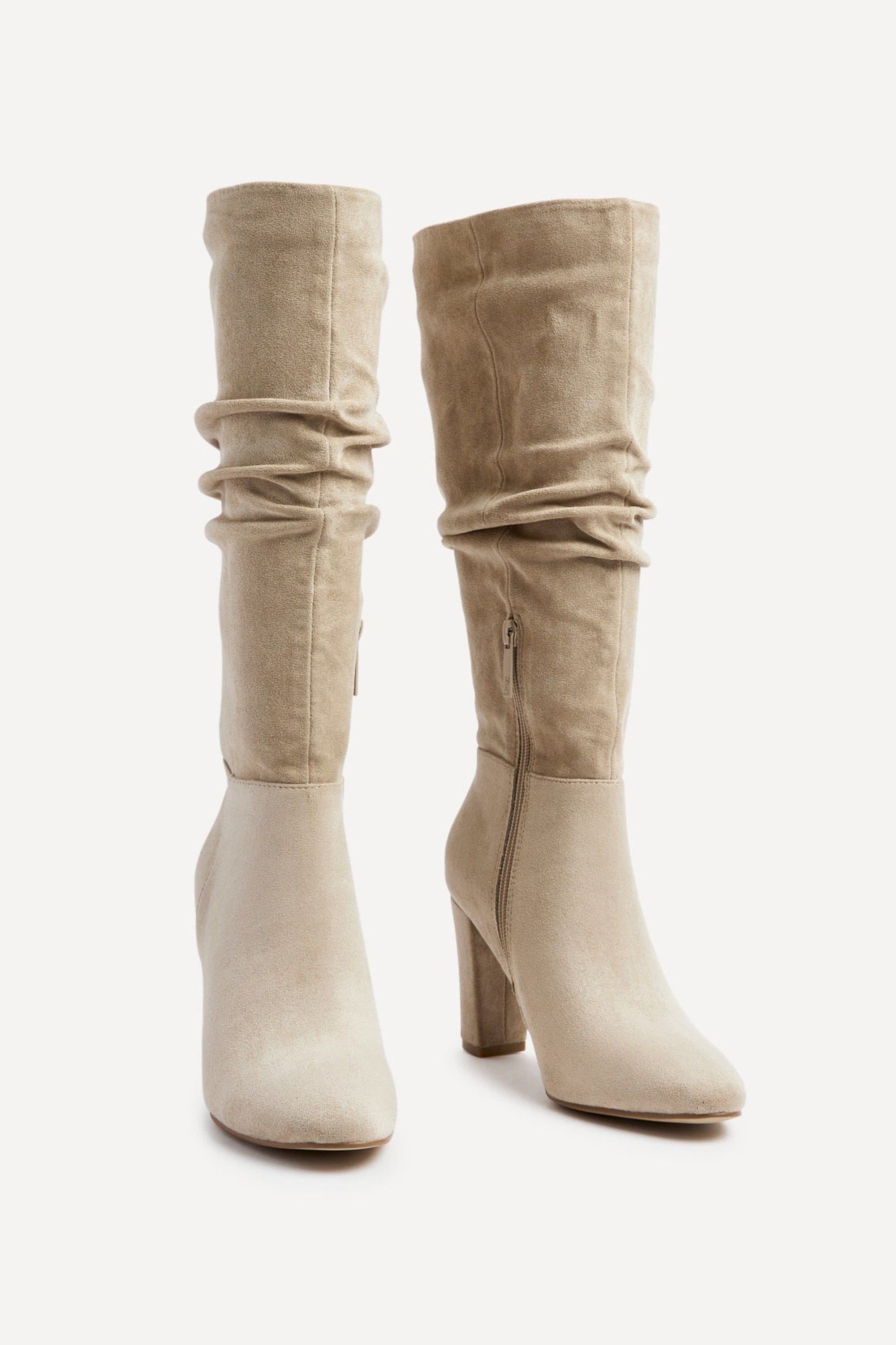 Linzi Aura Beige Faux Suede Ruched Knee High Heeled Boot image 3