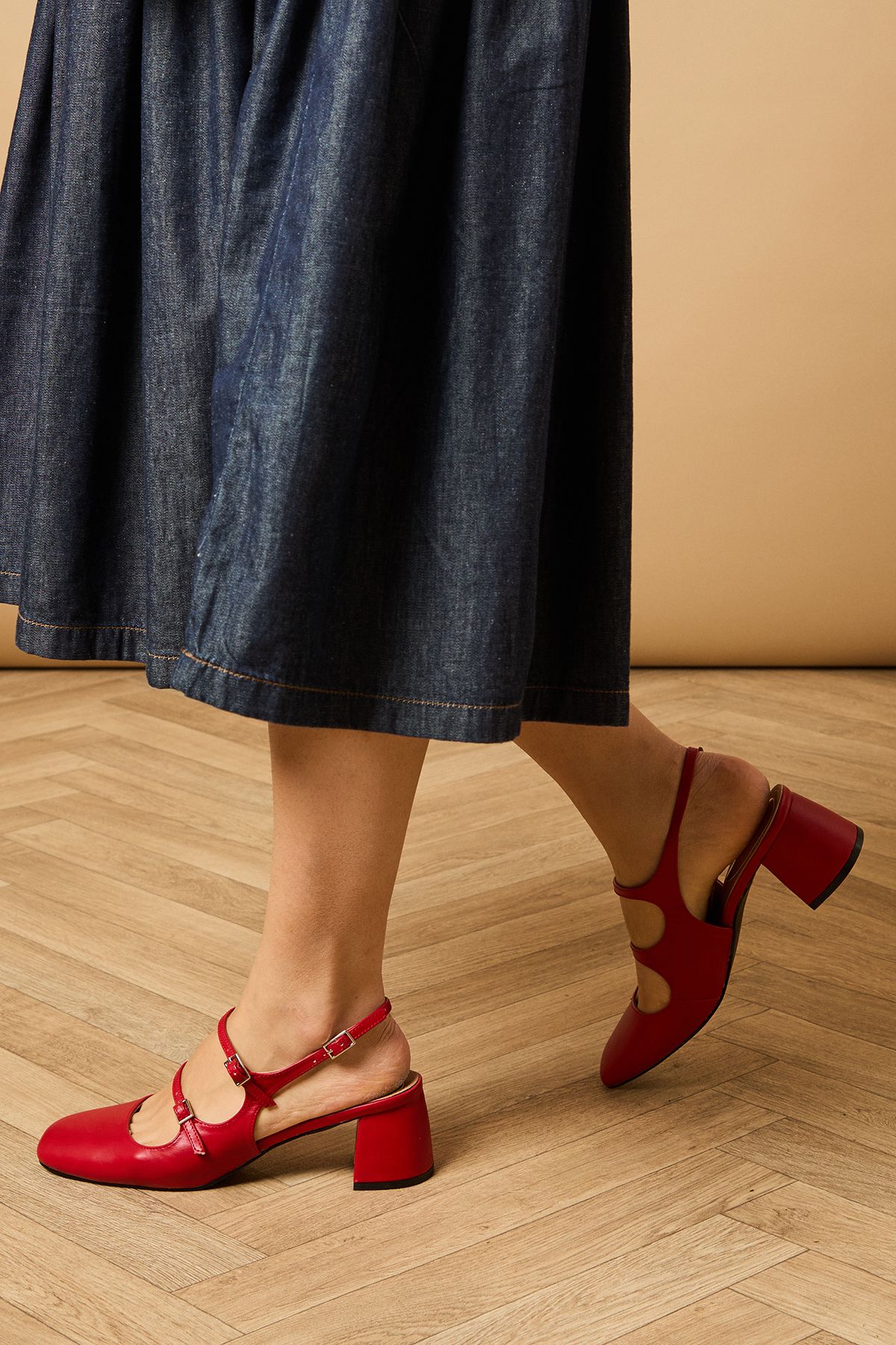 Oasis Imorina Faux Leather Double Mary Jane Slingback Medium Block Heeled Shoes Red image 1