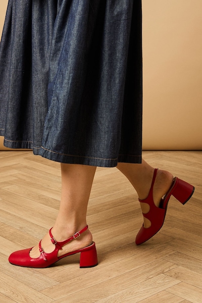Oasis Imorina Faux Leather Double Mary Jane Slingback Medium Block Heeled Shoes Red