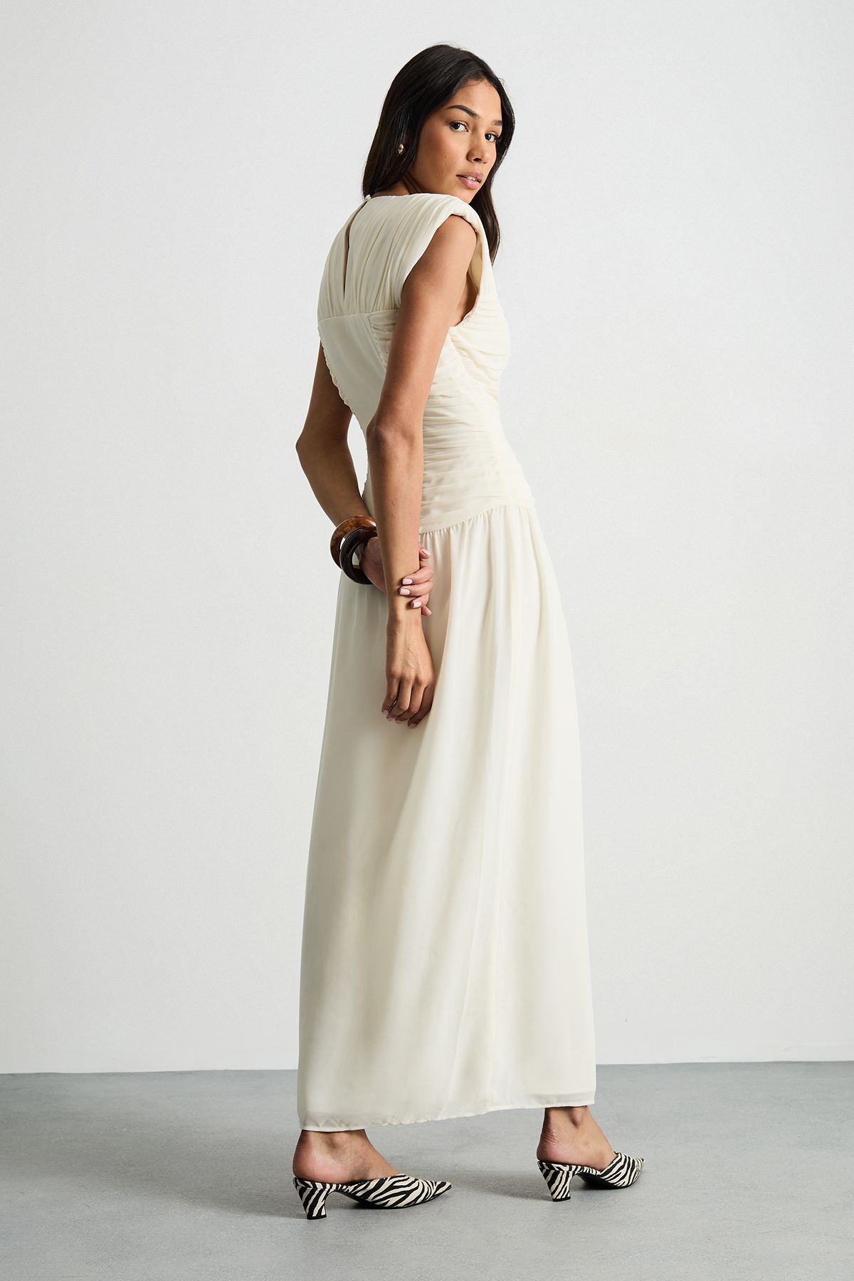Warehouse Ruched Waist Sleeveless Shoulder Pad Detail Maxi Dress Ivory image 3