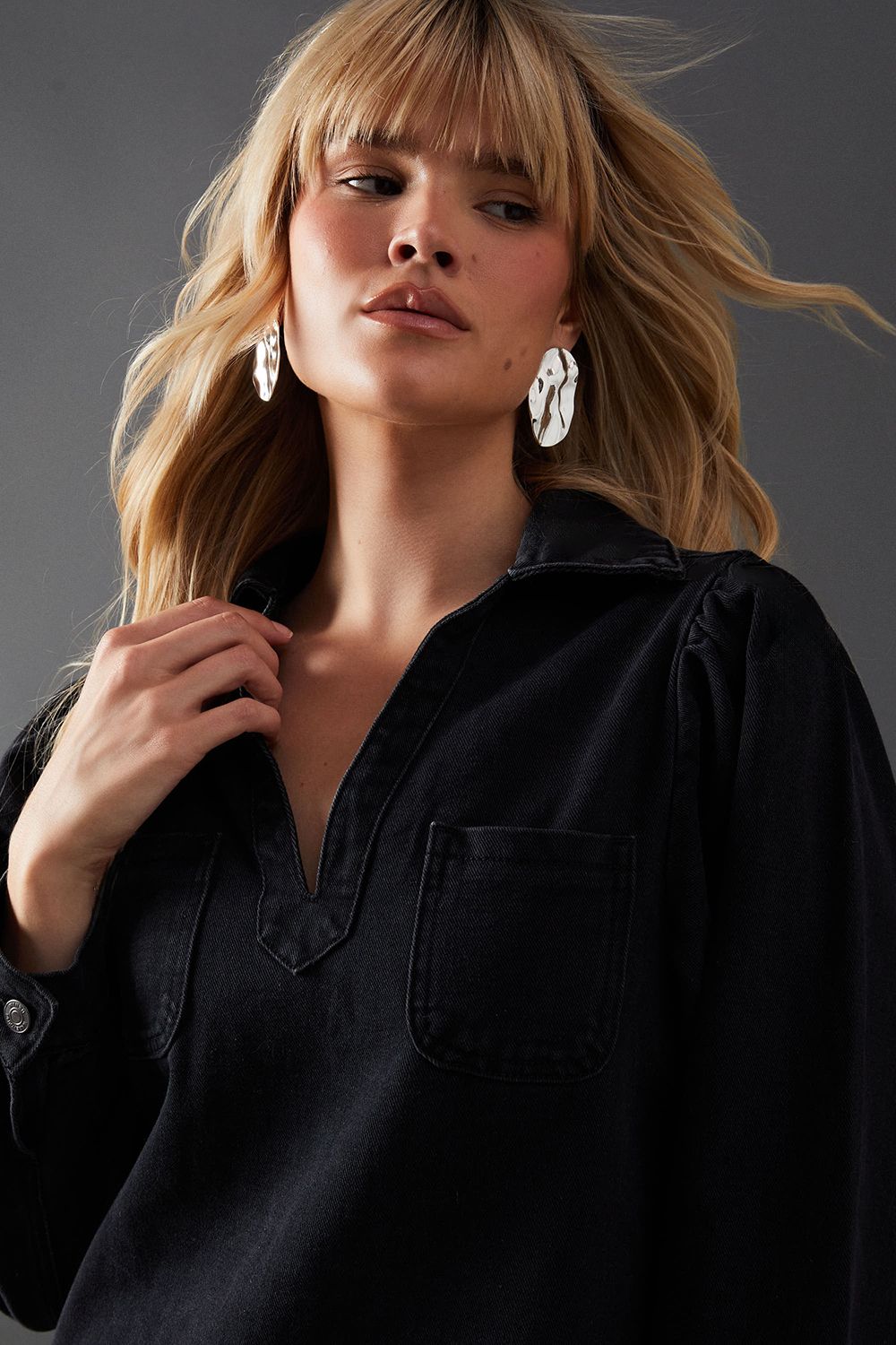 Warehouse Denim Overhead Shirt Dress Washed Black image 2