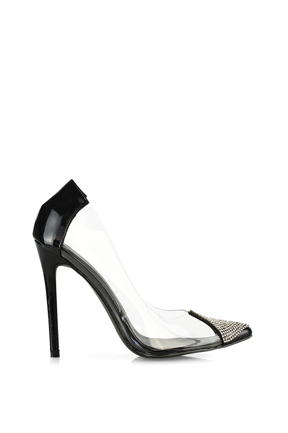 XY London 'Kaz' Pointed Toe Perspex Stiletto Court Heel Shoes With Diamante Detail