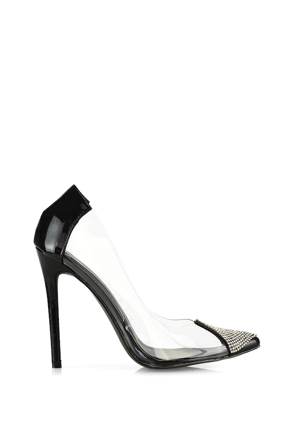 XY London 'Kaz' Pointed Toe Perspex Stiletto Court Heel Shoes With Diamante Detail