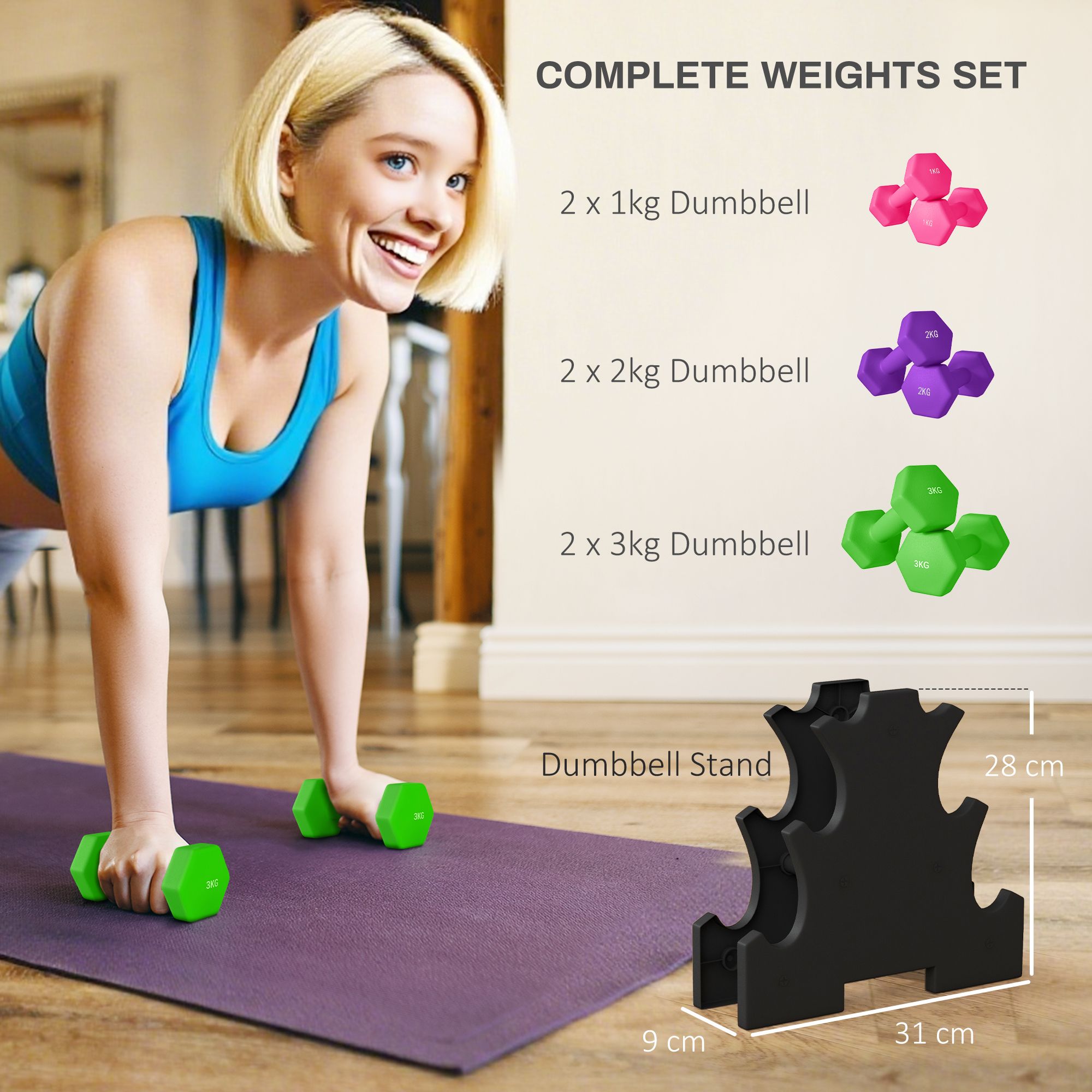 SPORTNOW Hex Dumbbells Set with Dumbbell Rack, 2 x 1kg, 2 x 2kg, 2 x 3kg image 4