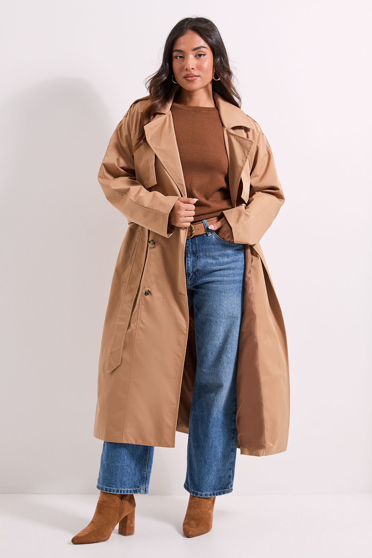 Dorothy Perkins Petite Longline Double Breasted Belted Trench Coat Camel image 1