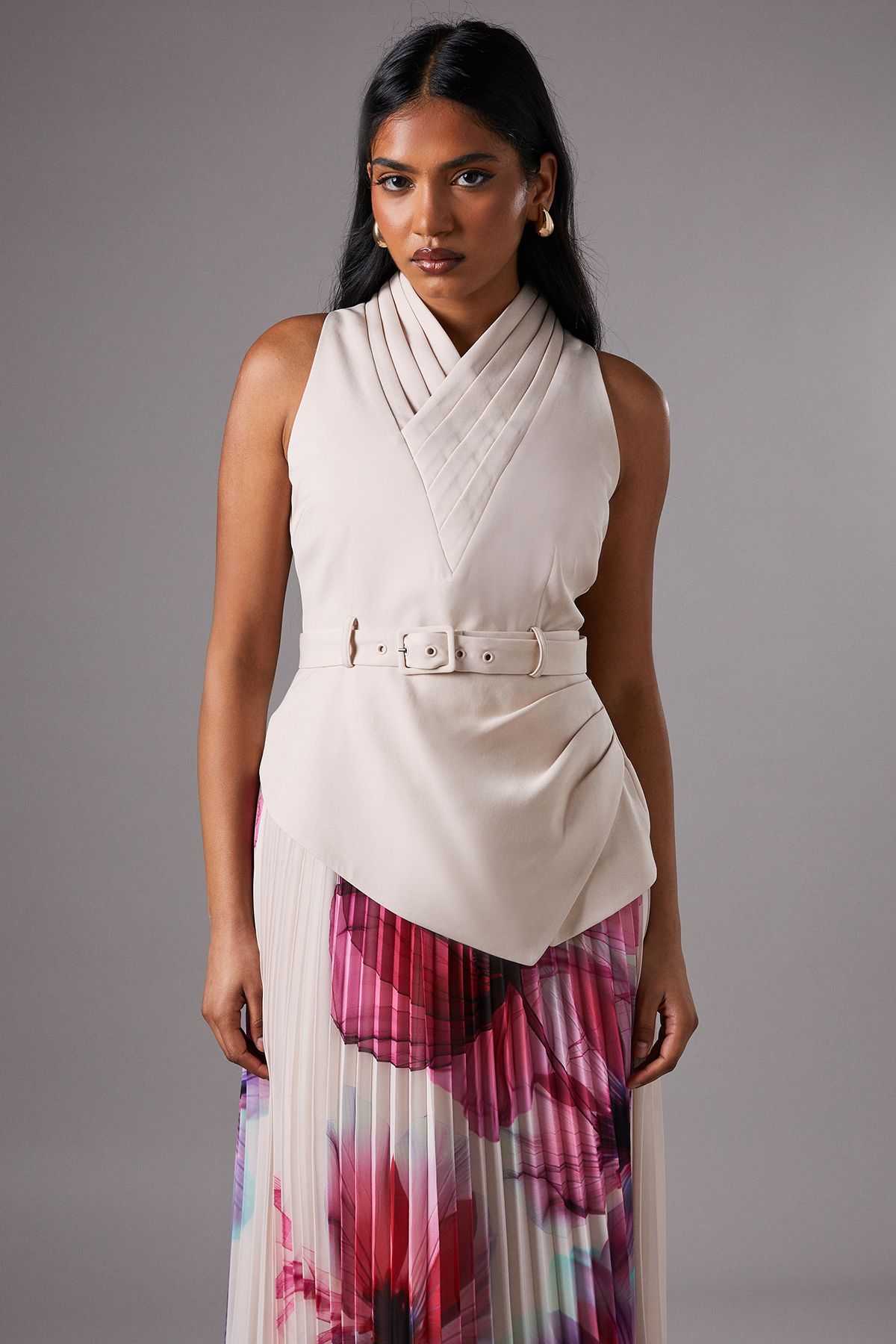 Coast Petite Pleated Skirt V Neck Sleeveless Midi Dress Ecru image 2