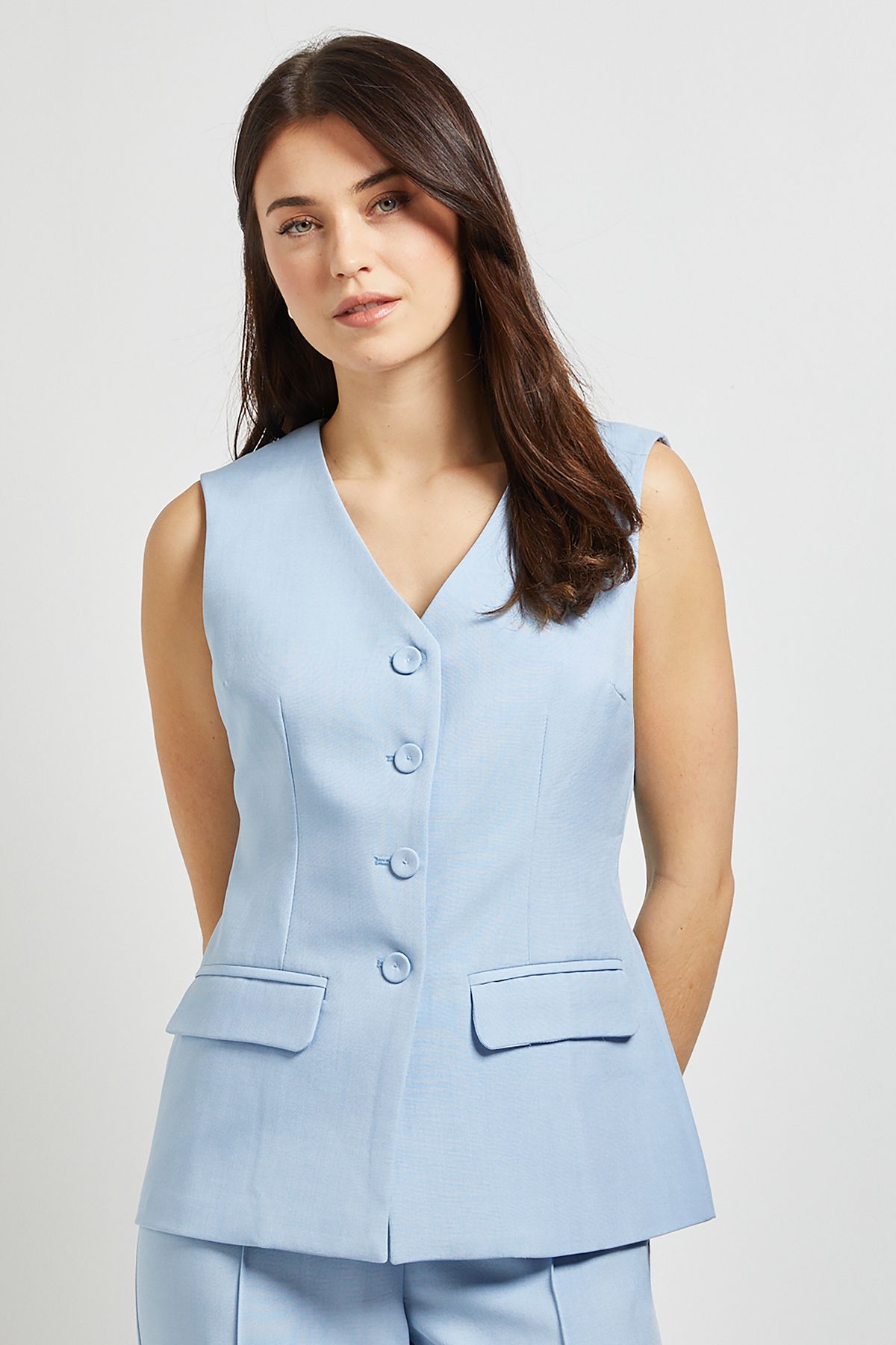 Dorothy Perkins Pocket Detail Longline Button Up Waistcoat Pale Blue