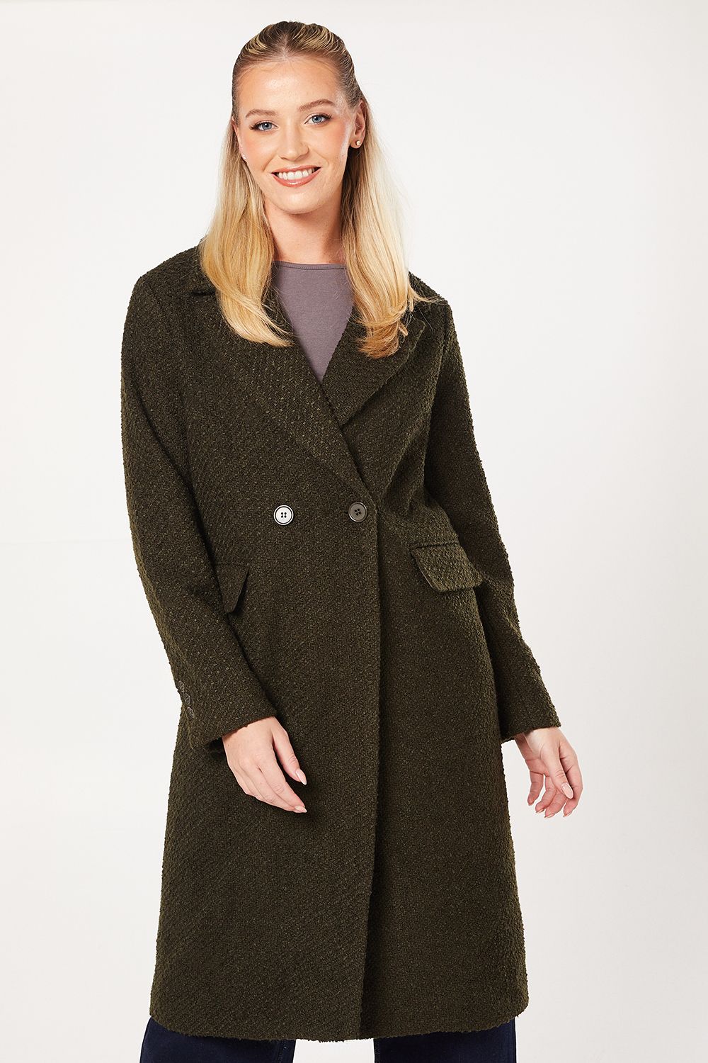 Dorothy Perkins Smart Boucle Double Breasted Coat Khaki image 5