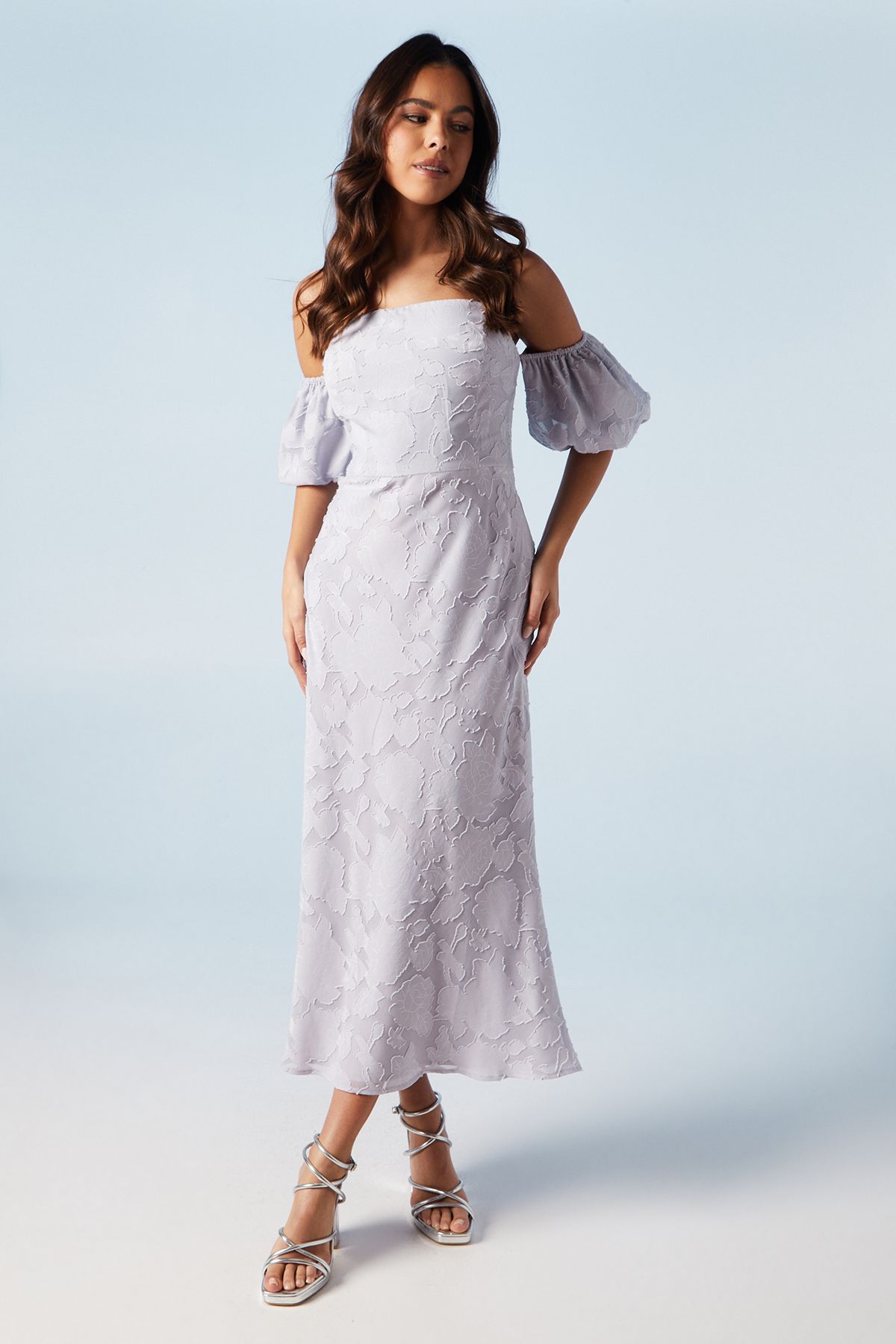 Oasis Rose Jacquard Puff Sleeve Asym Detail Bridesmaid Midi Dress Lilac image 1