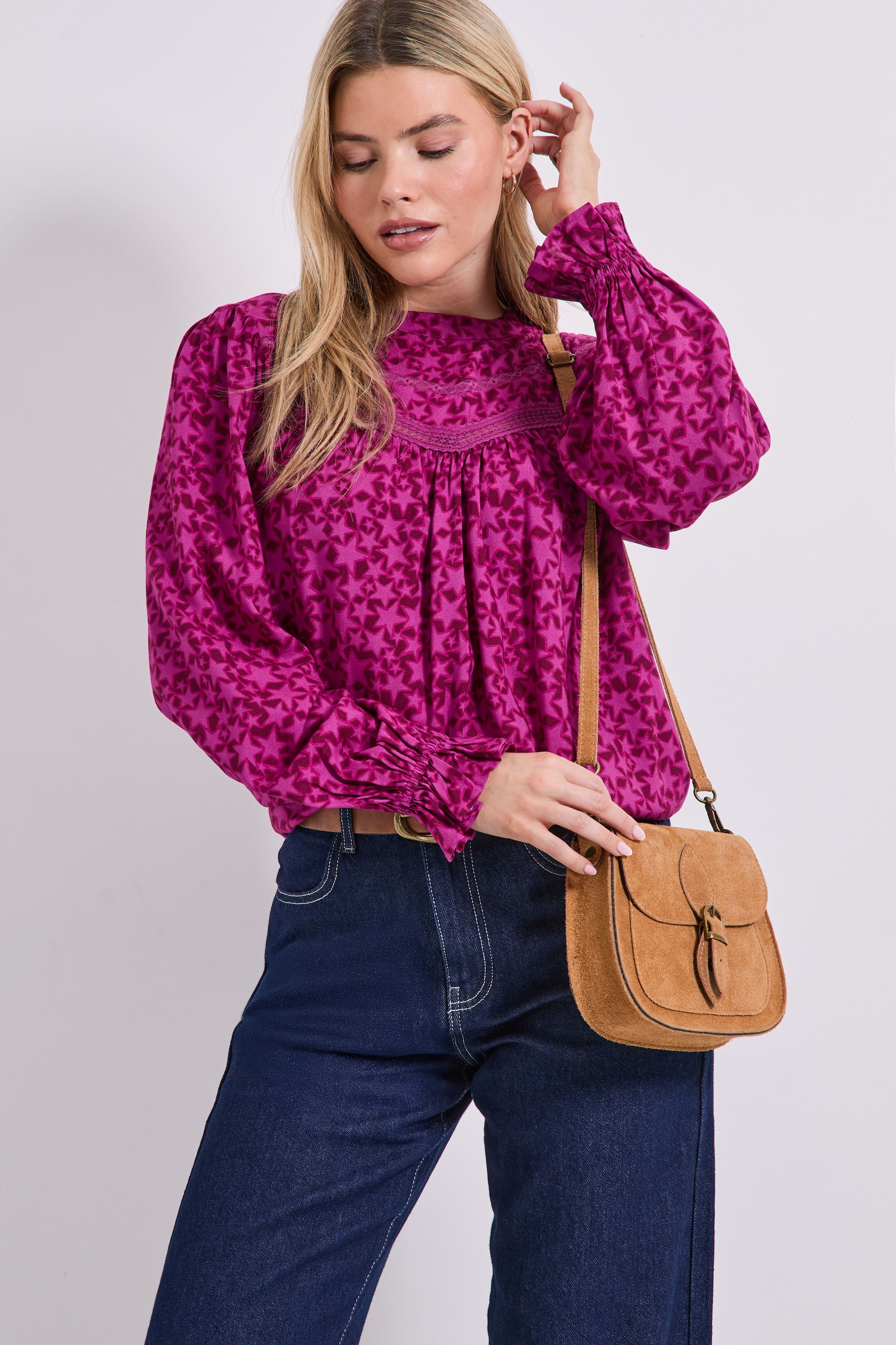 Dorothy Perkins Lace Detail Printed Boho Blouse Berry image 2
