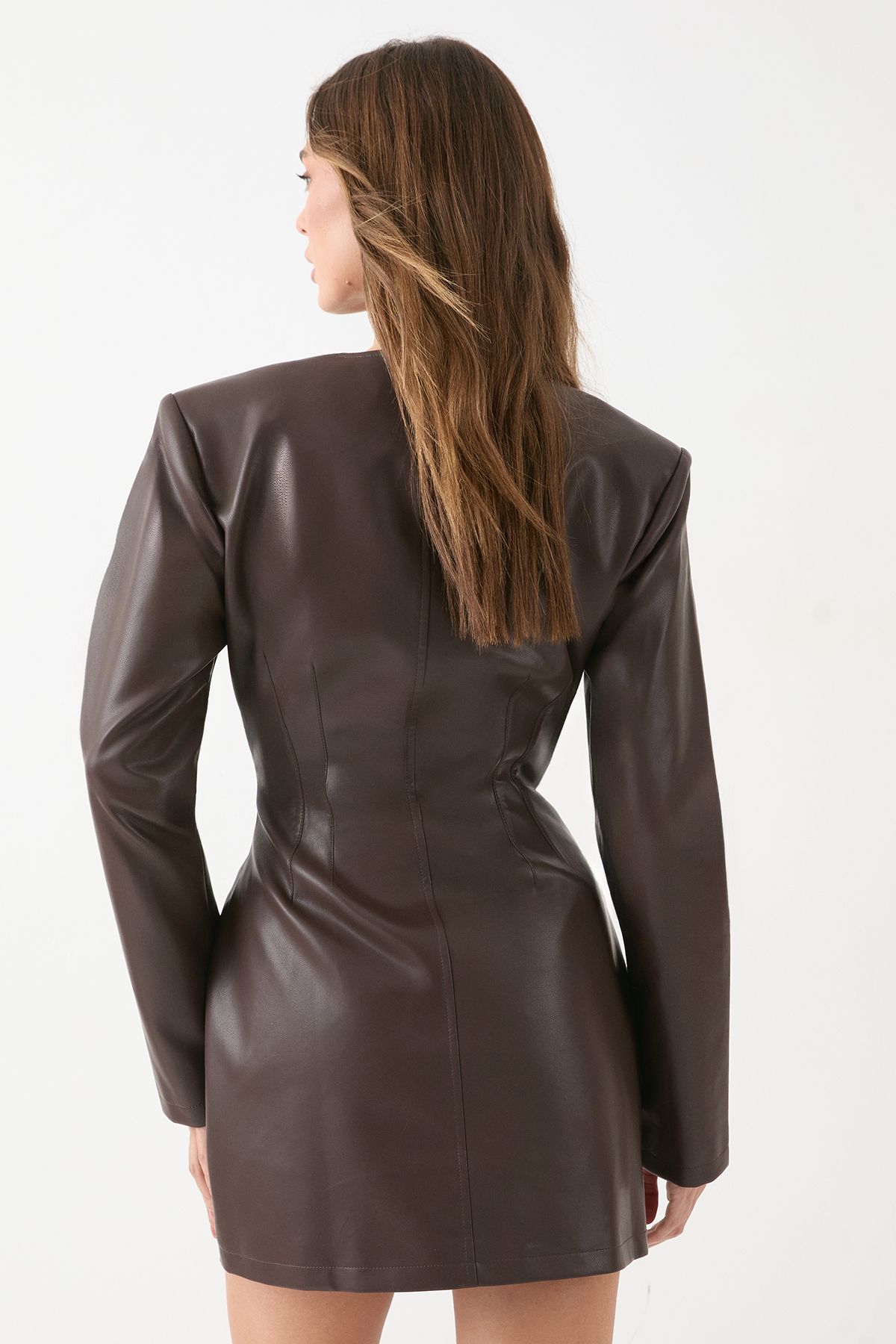 MissPap Faux Leather Moulded Waist Blazer Dress Choc Brown image 3