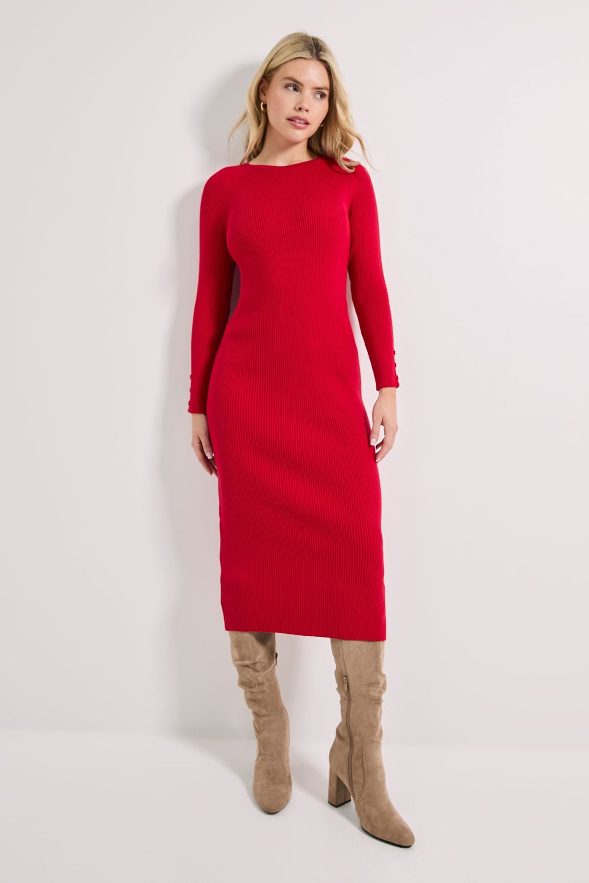 Dorothy Perkins Red Button Cuff Slim Knitted Midi Dress Red