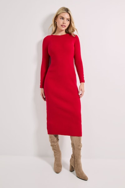 Dorothy Perkins Red Button Cuff Slim Knitted Midi Dress Red