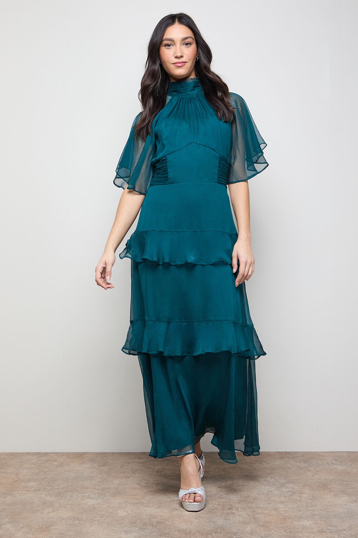 Oasis Angel Sleeve Chiffon Frill Maxi Dress Forest image 1