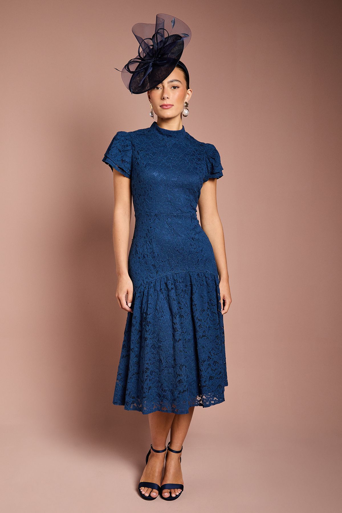 Coast Lace Frill Sleeve High Neck Midi Dress Navy image 1