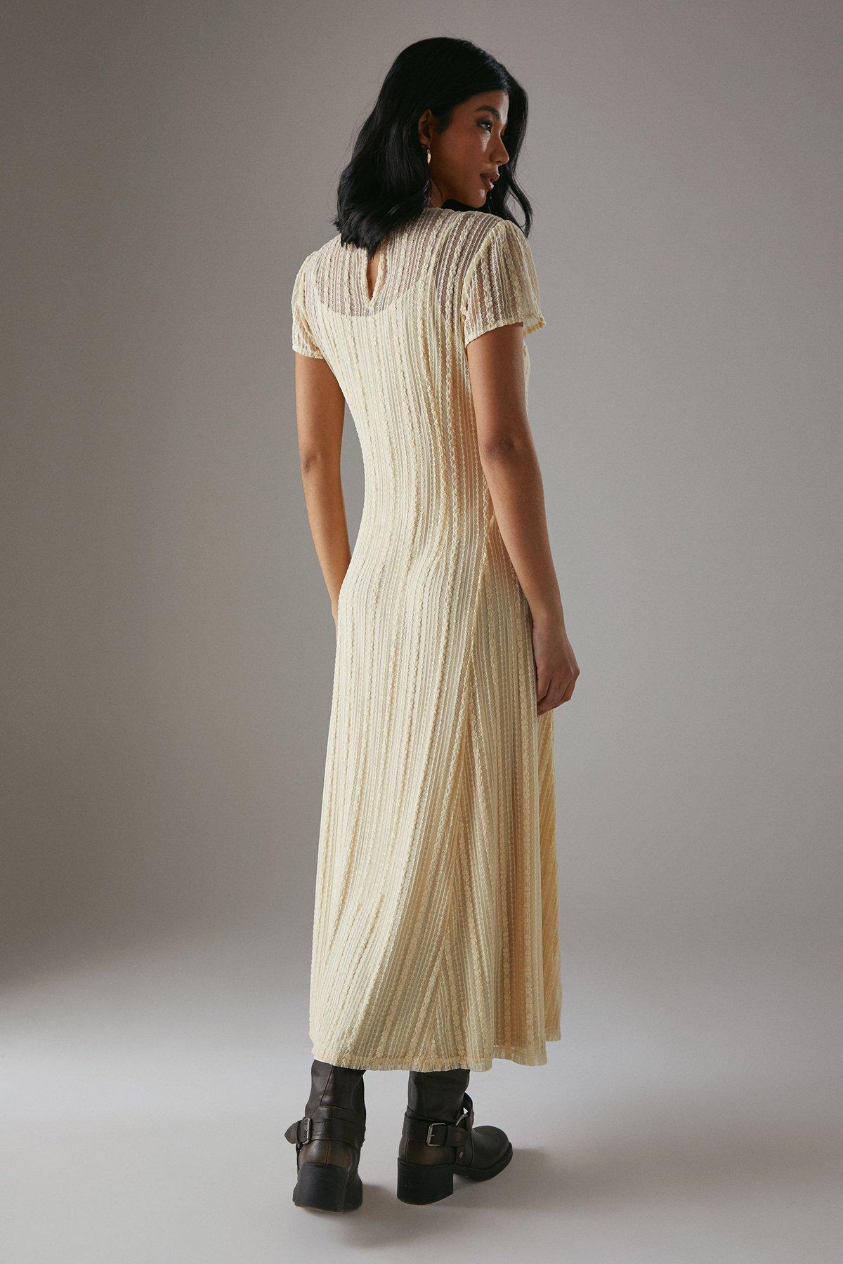 Warehouse HCD Stripe Lace Grown On Midi Tshirt Dress Cream image 4
