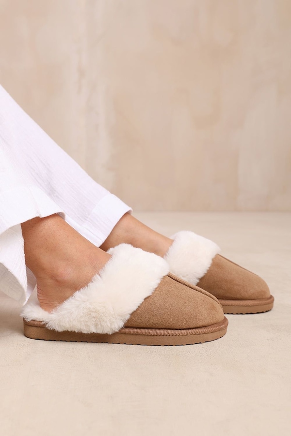 Where's That From 'Comfort' Slip On Slippers With Fur Trim Suede