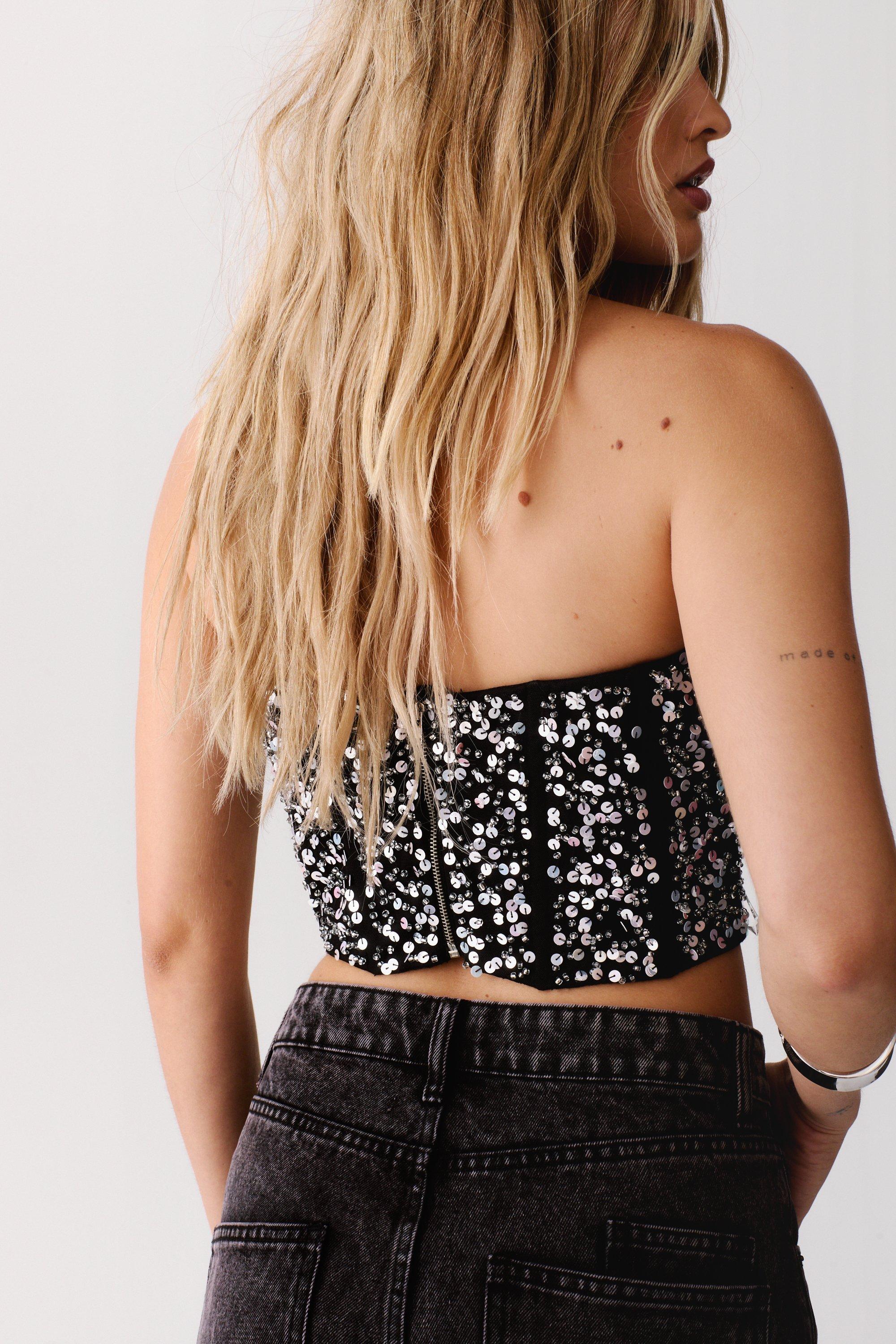 NastyGal Mesh Hand Embellished Droplet Corset Top Black image 4