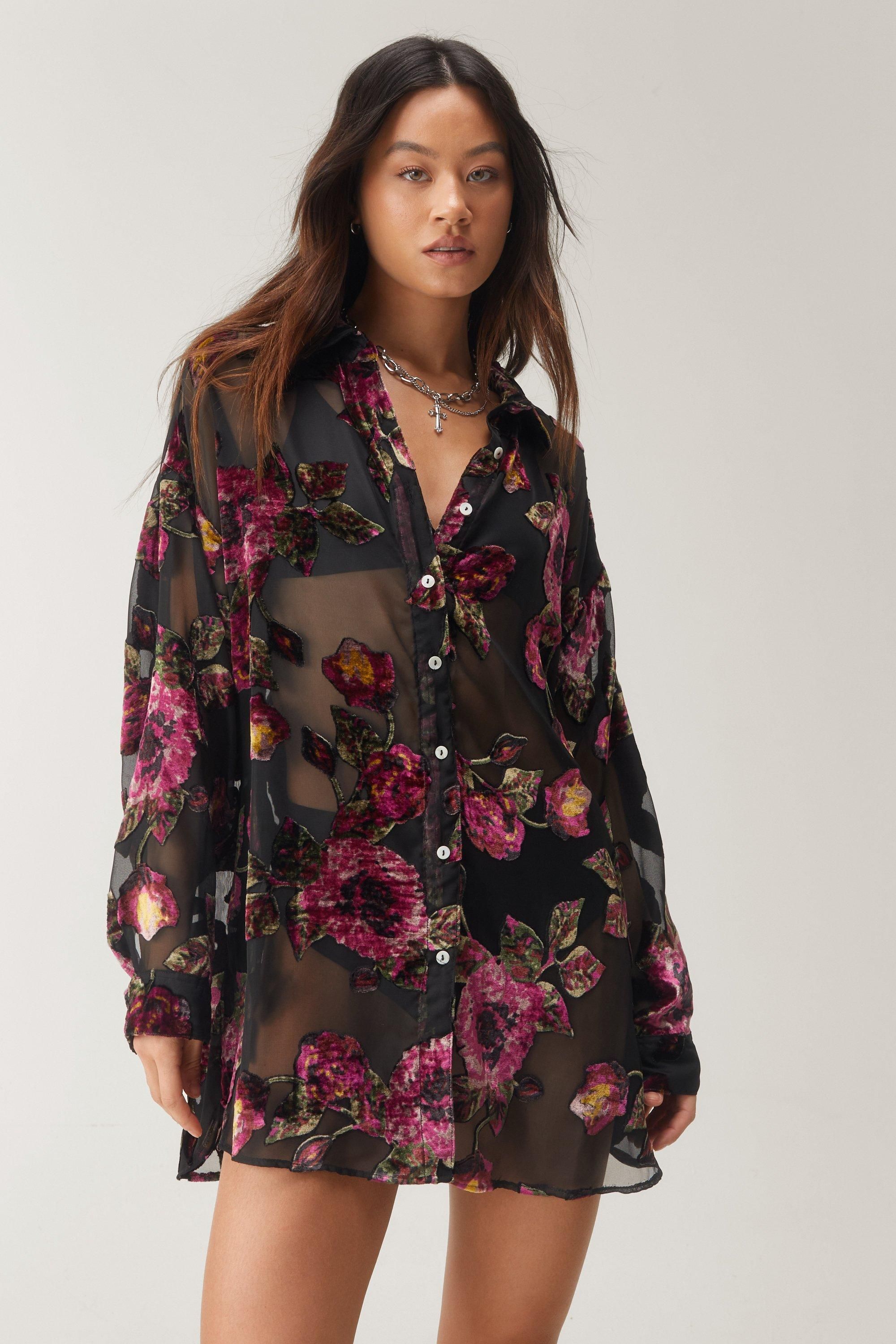 NastyGal Devore Oversized Sheer Floral Shirt Black image 2