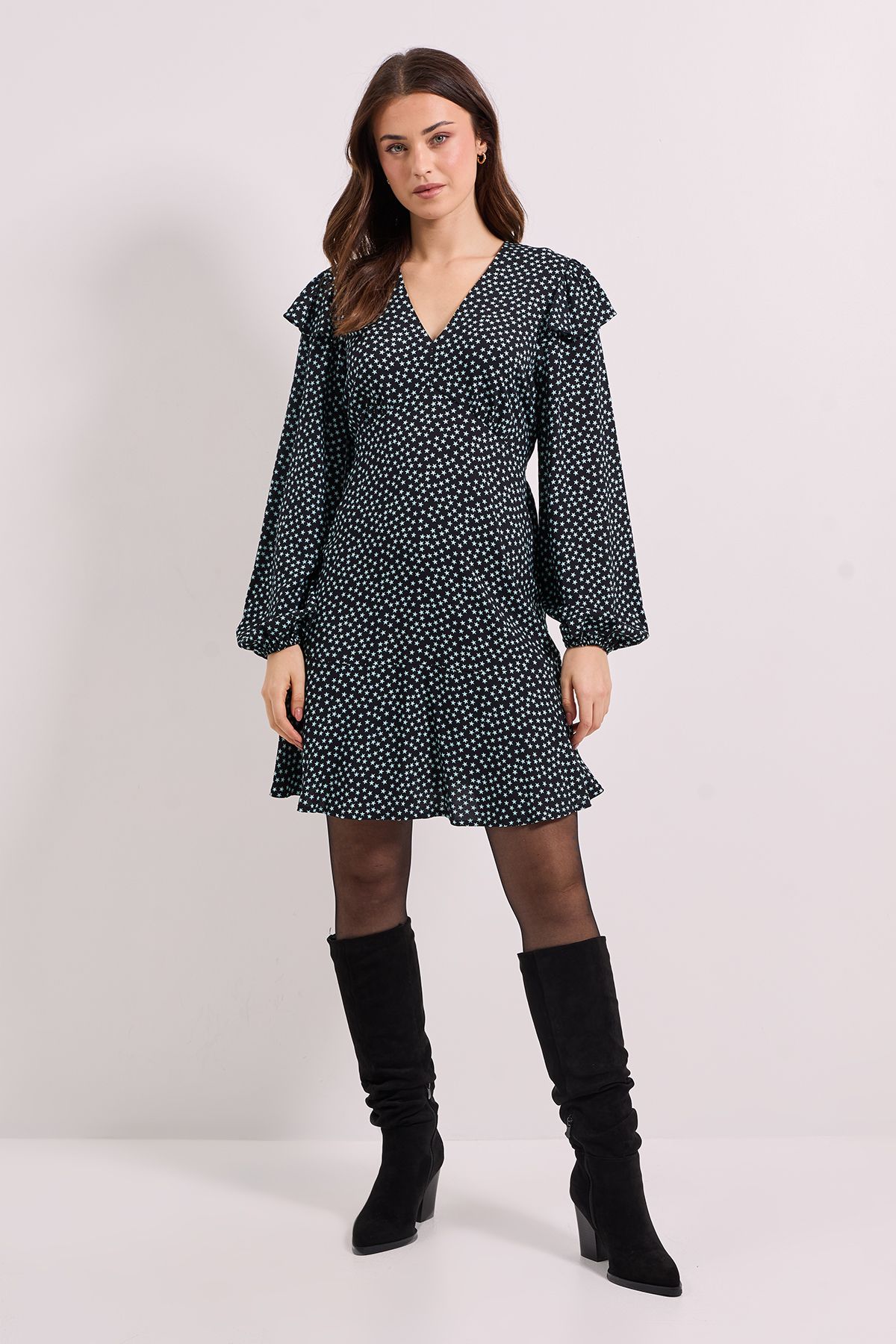 Dorothy Perkins Frill Detail Blouson Sleeve Tie Back Tiered Printed Mini Dress Black image 1