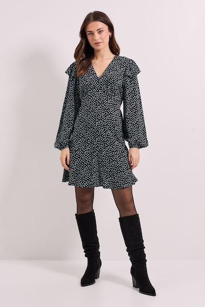 Dorothy Perkins Frill Detail Blouson Sleeve Tie Back Tiered Printed Mini Dress Black