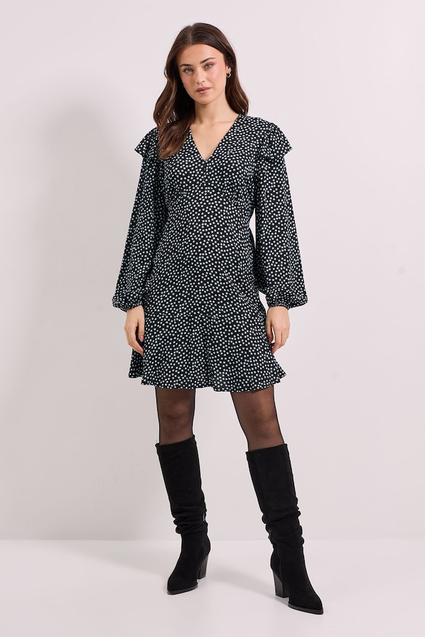 Dorothy Perkins Frill Detail Blouson Sleeve Tie Back Tiered Printed Mini Dress Black
